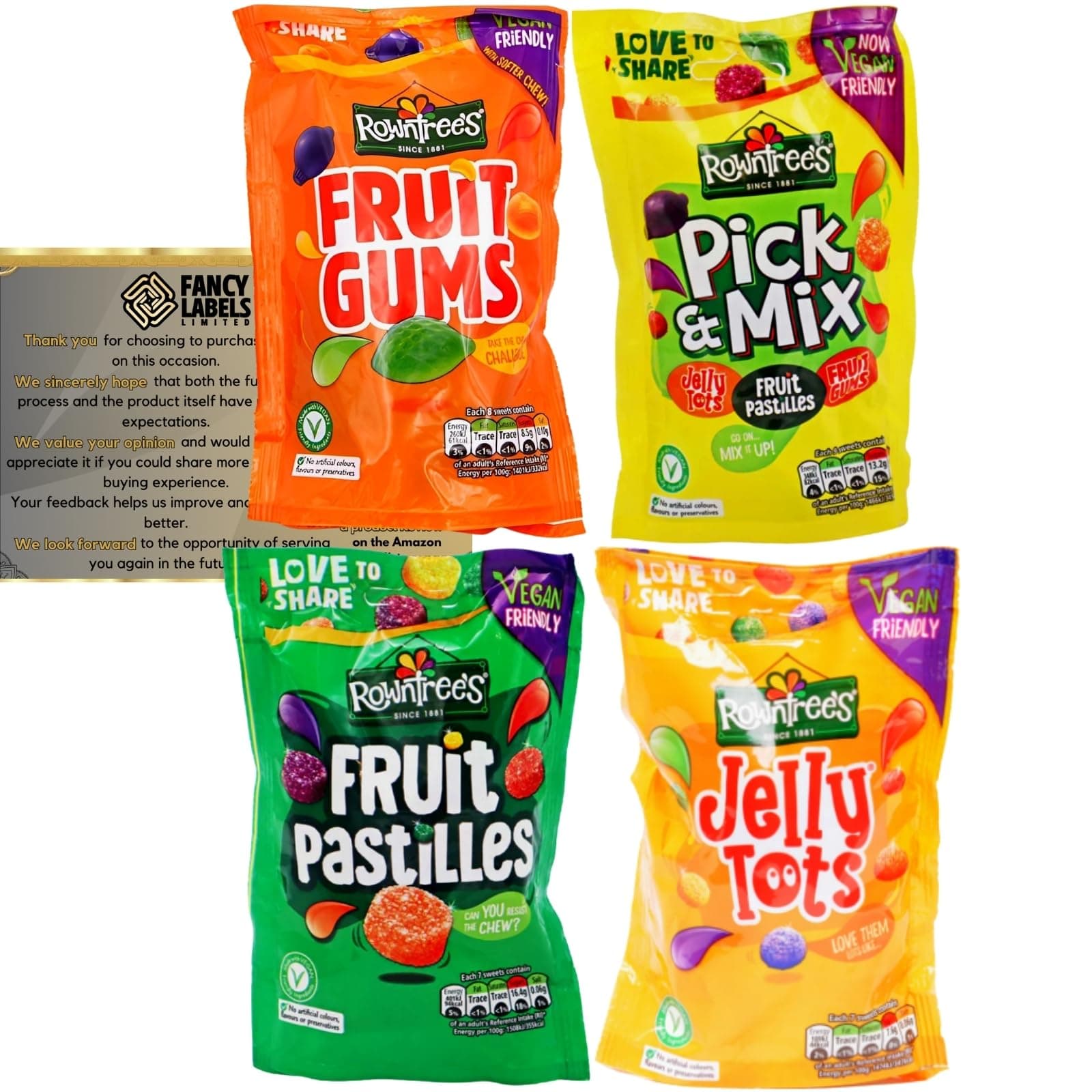 Fruit Jellies Bundle with Rowntree's Fruit Pastilles Sharing Pouch 143g, Jelly Tots Sweets 150g, Pick & Mix 150g and Fruit Gums 150g | Vegan Sweets Perfect for Sharing | Gift for Women and Kids