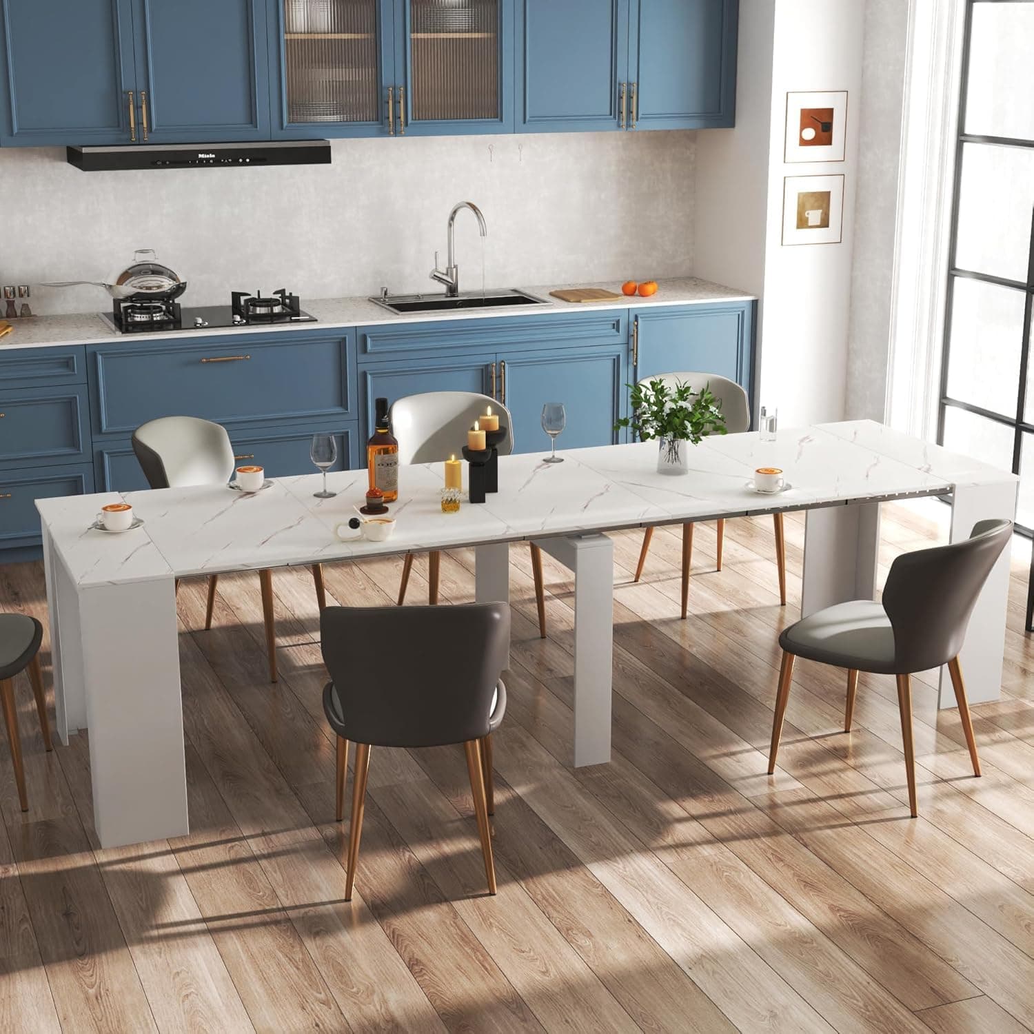 DMAITH 20"-118" White Marble Extendable Dining Table for 2-12 People, Modern Modular Extension Table, Space-Saving Extra Long Folding Dining Table, Multifunctional Conference Meeting Table