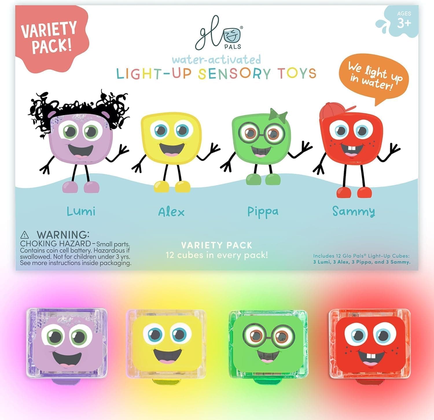 Glo Pals Water-Activated Light-Up Cubes for Sensory Play – 12 Pack