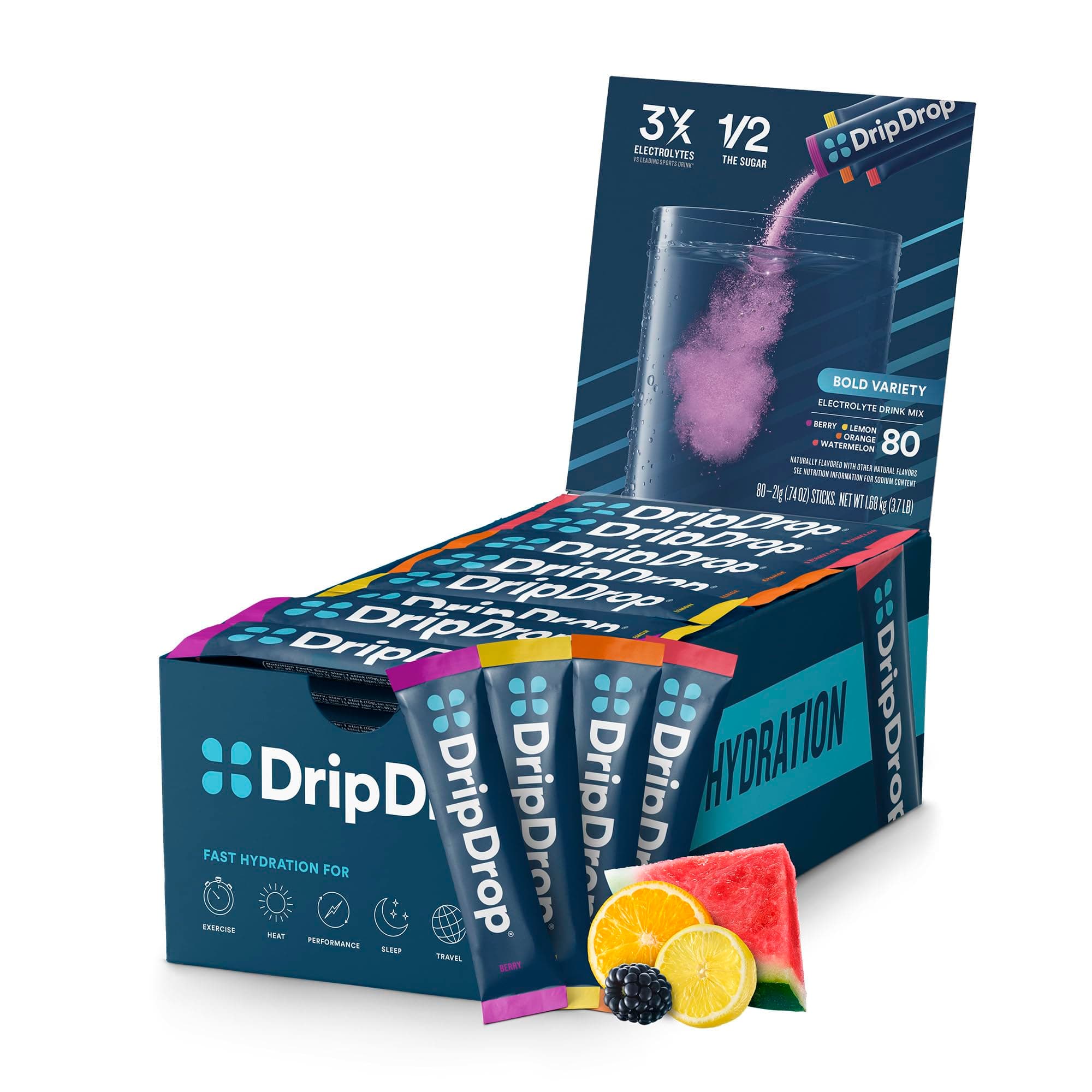 DripDrop Hydration Bold Variety Pack - Electrolyte Drink Mix in Single Serve Hydration Powder Pouches - Watermelon, Berry, Lemon, Orange | Non-GMO, Gluten Free