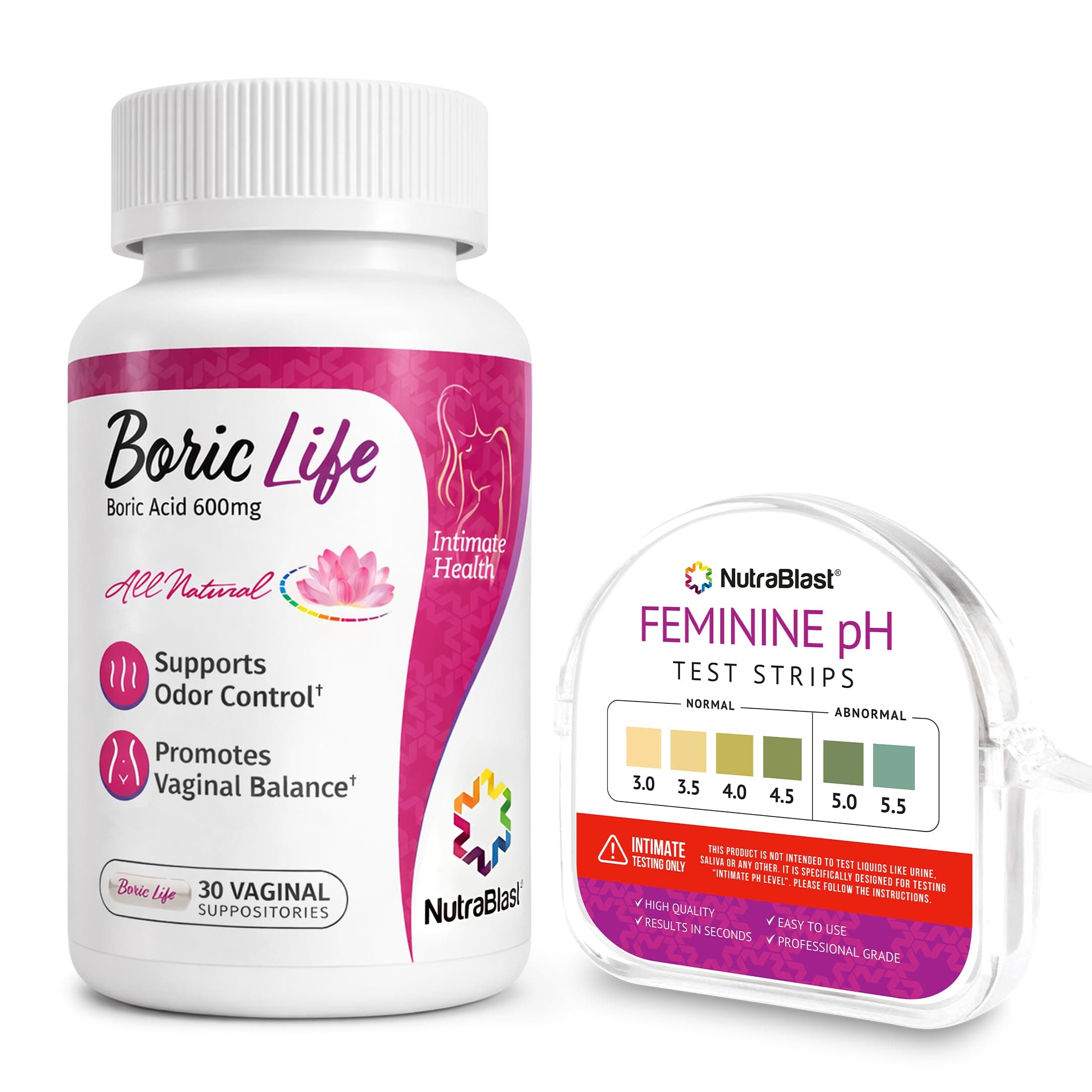NutraBlast Boric Acid Suppositories 600mg (30 Count) Bundle with Feminine pH Test Strips 3.0-5.5 (100 Tests Roll) | Monitor Intimate Health | Accurate Women’s Acidity & Alkalinity