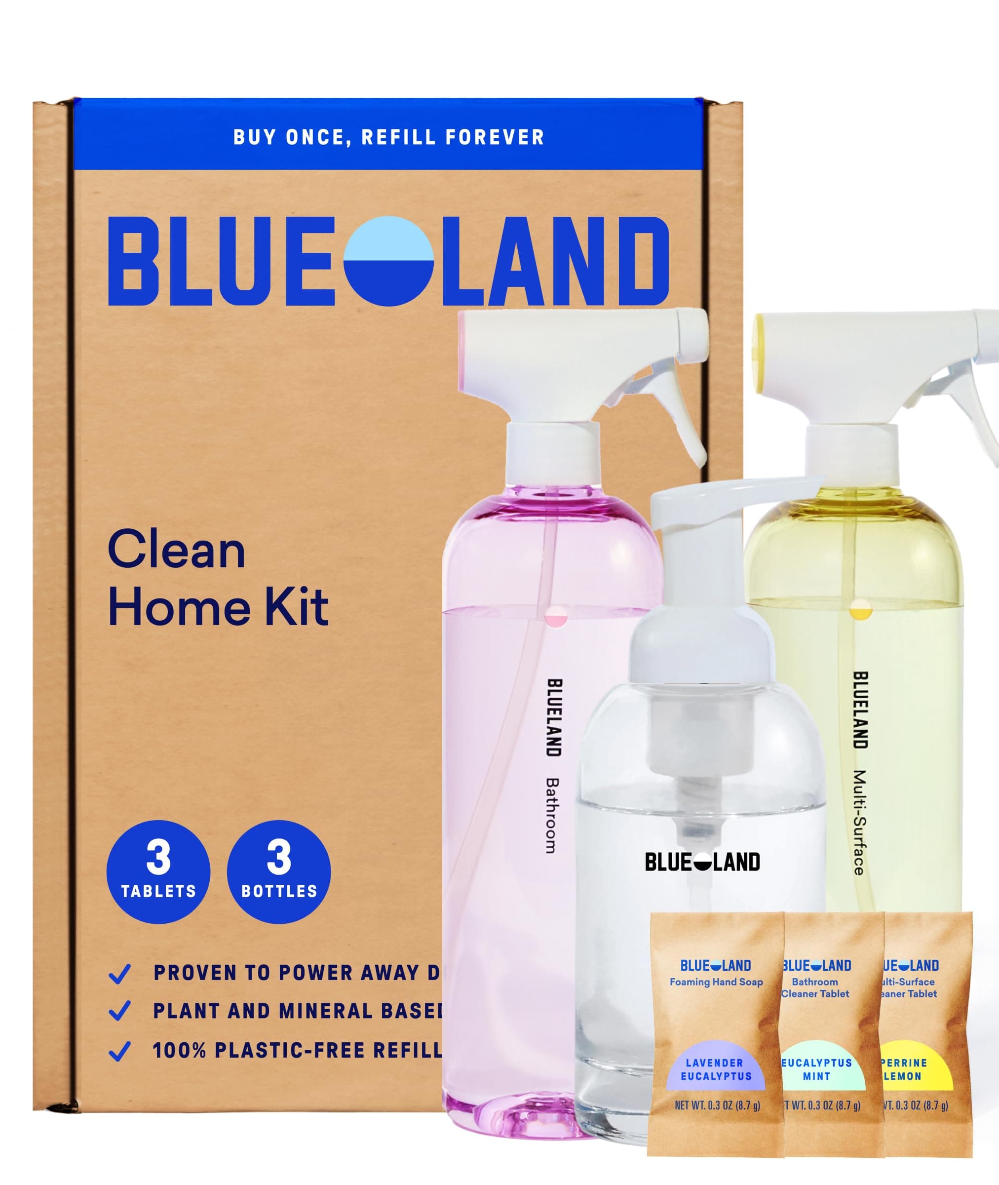 Clean Home Kit, 3 Reusable Bottles with 3 Tablets, Makes 1 Bottle Each of Foaming Hand Soap, Multi-surface Cleaner, Bathroom Cleaner