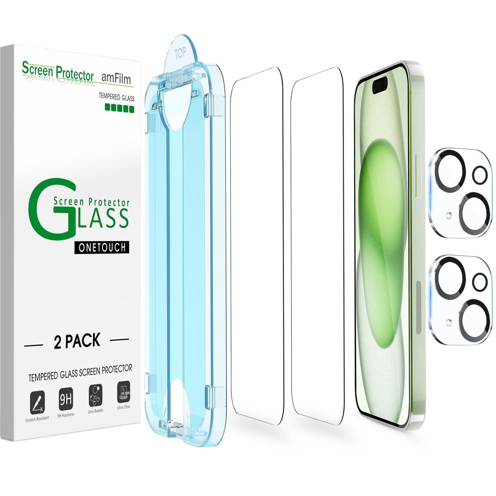 amFilm Auto-Alignment OneTouch for iPhone 15 Plus [6.7''] Screen Protector + Camera Lens Protector, Tempered Glass, 30 Seconds Installation, Bubble Free, Case Friendly, Anti-Scratch 2 Pack