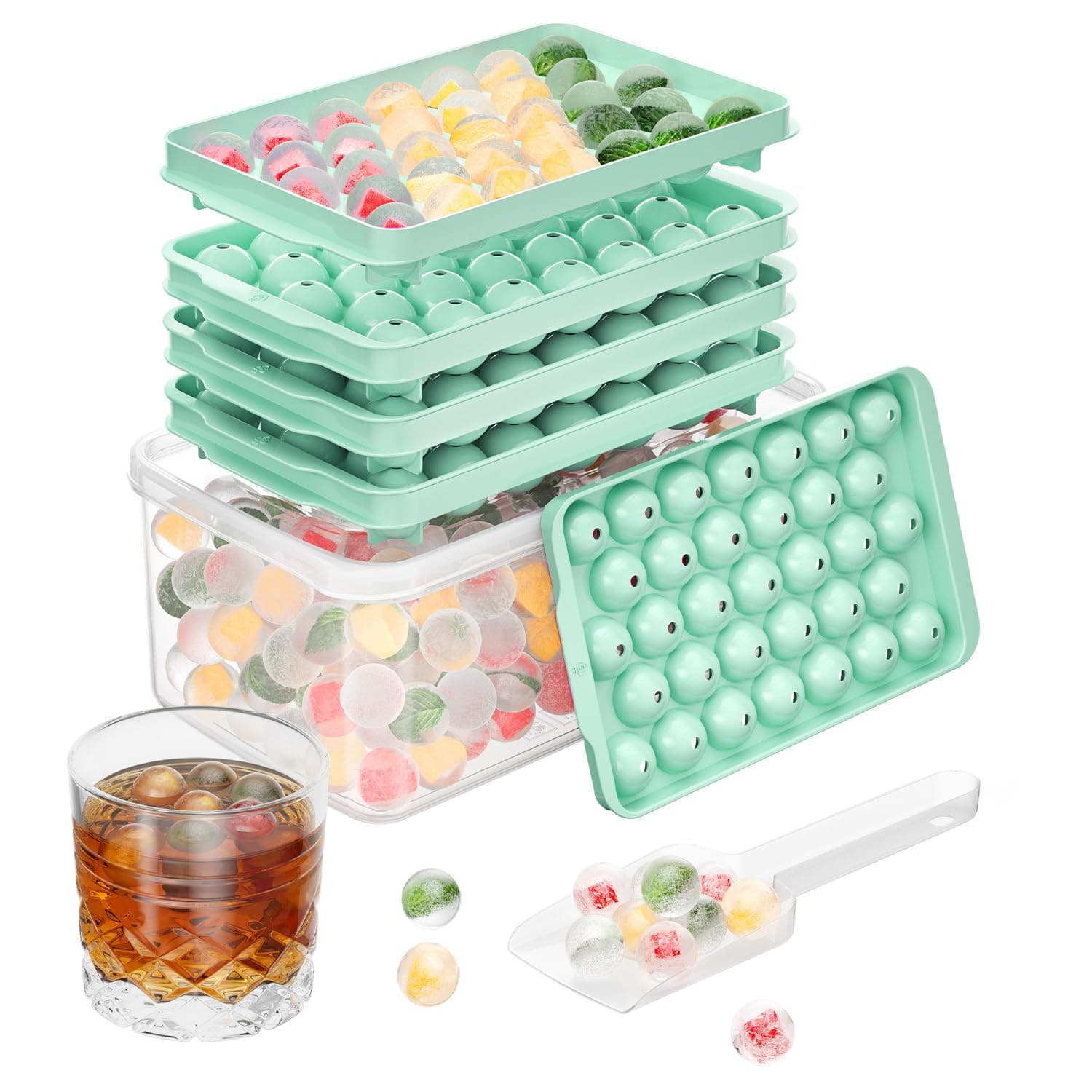 Optish 3 Pack Ice Trays for Freezer, 99 PCS Ice Cube Tray with Lid and Bin, Round Ice Cube Mold, Circle Ice Maker for Chilling Drinks (0.8 inch, Green)