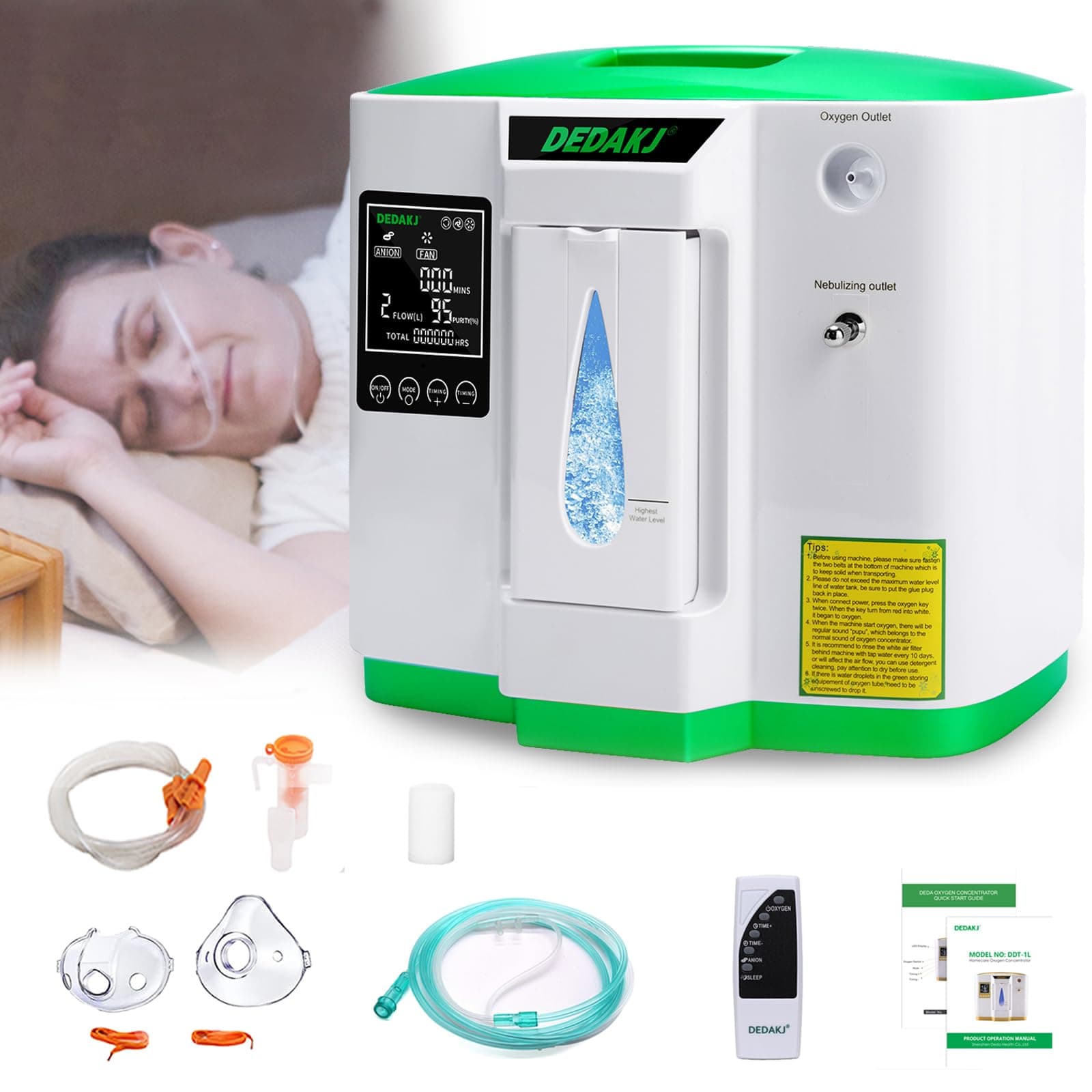 DEDAKJ Oxygen Machine 2-9L / min, 30%-90%, with Remote Control, Atomise, Accumulated Time Adjustment for Home and Travel(2AW)