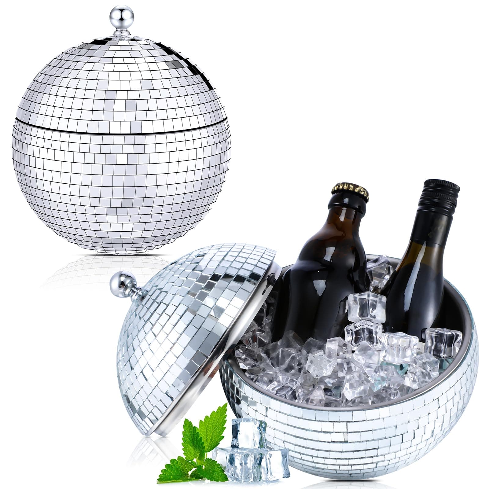 Hoolerry 2L Disco Ball Ice Bucket for Cocktail Bar Retro 70s Barware Mirror Silver Disco Beverage Vase Bowl Drink Barrel Double Stainless Steel Bachelorette Party Gift Supplies