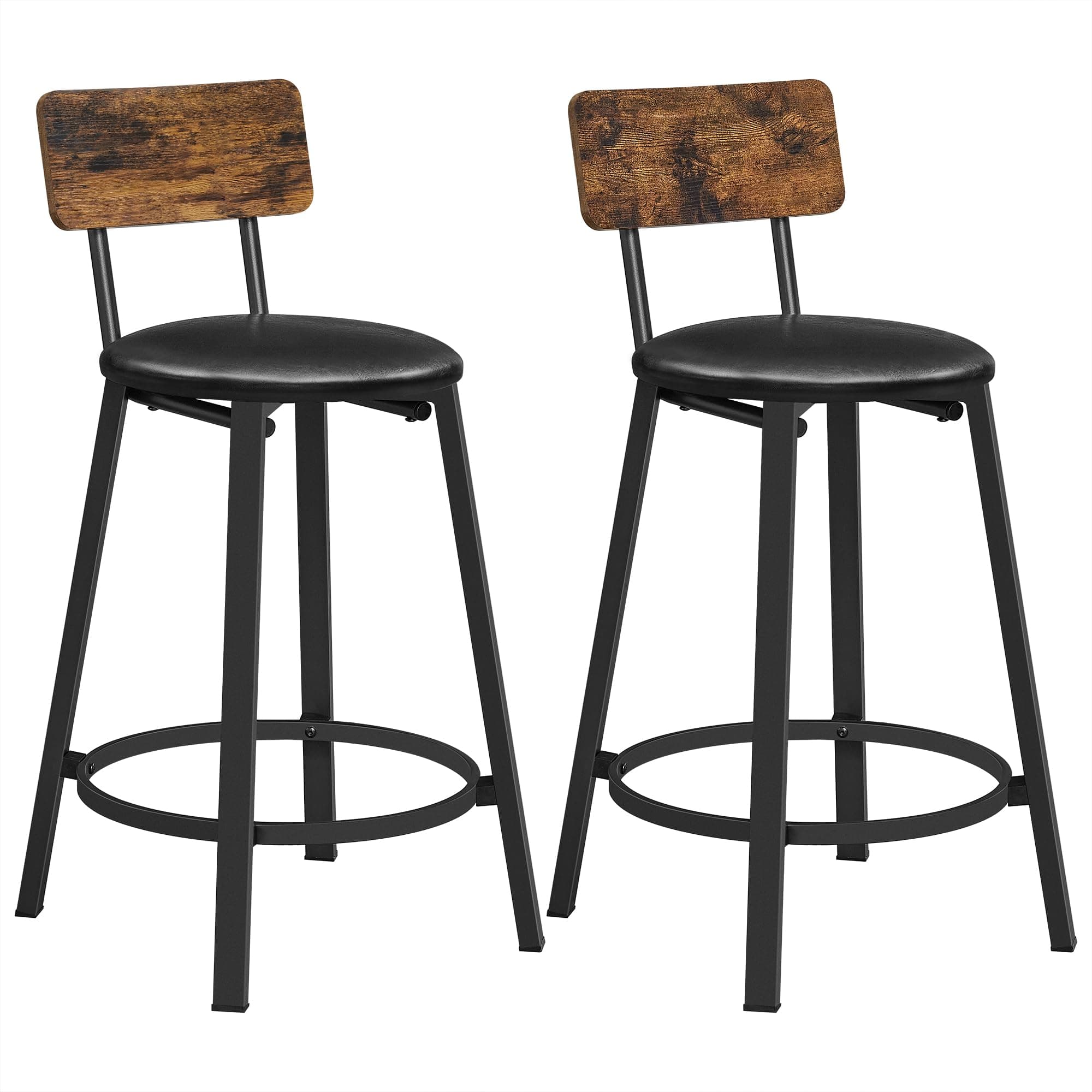 VASAGLE Bar Stools, Set of 2 PU Upholstered Breakfast Stools, 29.7 Inches Barstools with Back and Footrest, Simple Assembly, for Dining Room Kitchen Counter Bar, Rustic Brown and Black ULBC059B81
