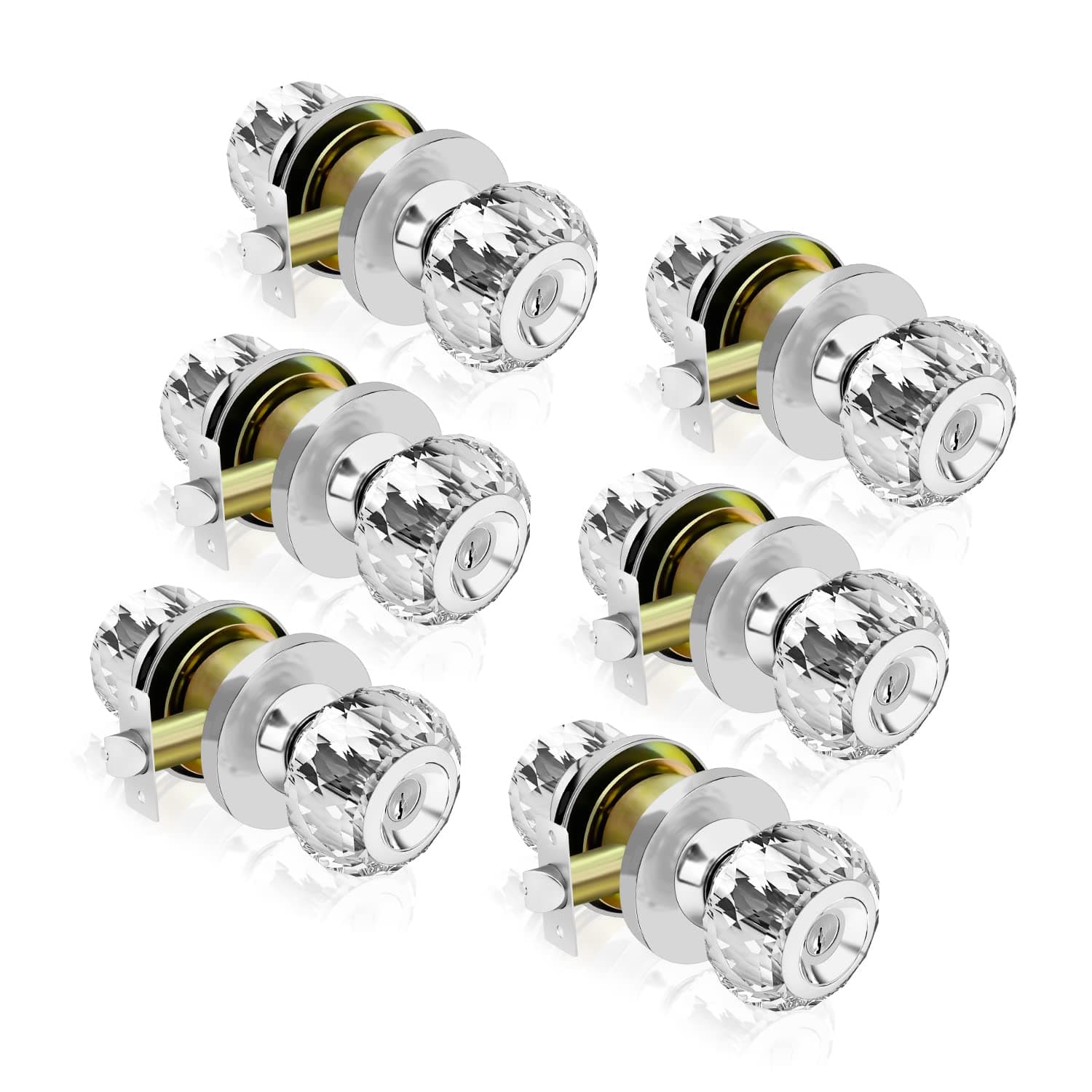 Crystal Door Knobs with Lock and Keys, 6 Pack Keyed-Alike Glass Door Knob, Classic Interior Entry Door Knob Lockset with Same Key, Bedroom/Bathroom Privacy Keyed Door Knobs, Satin Nickel