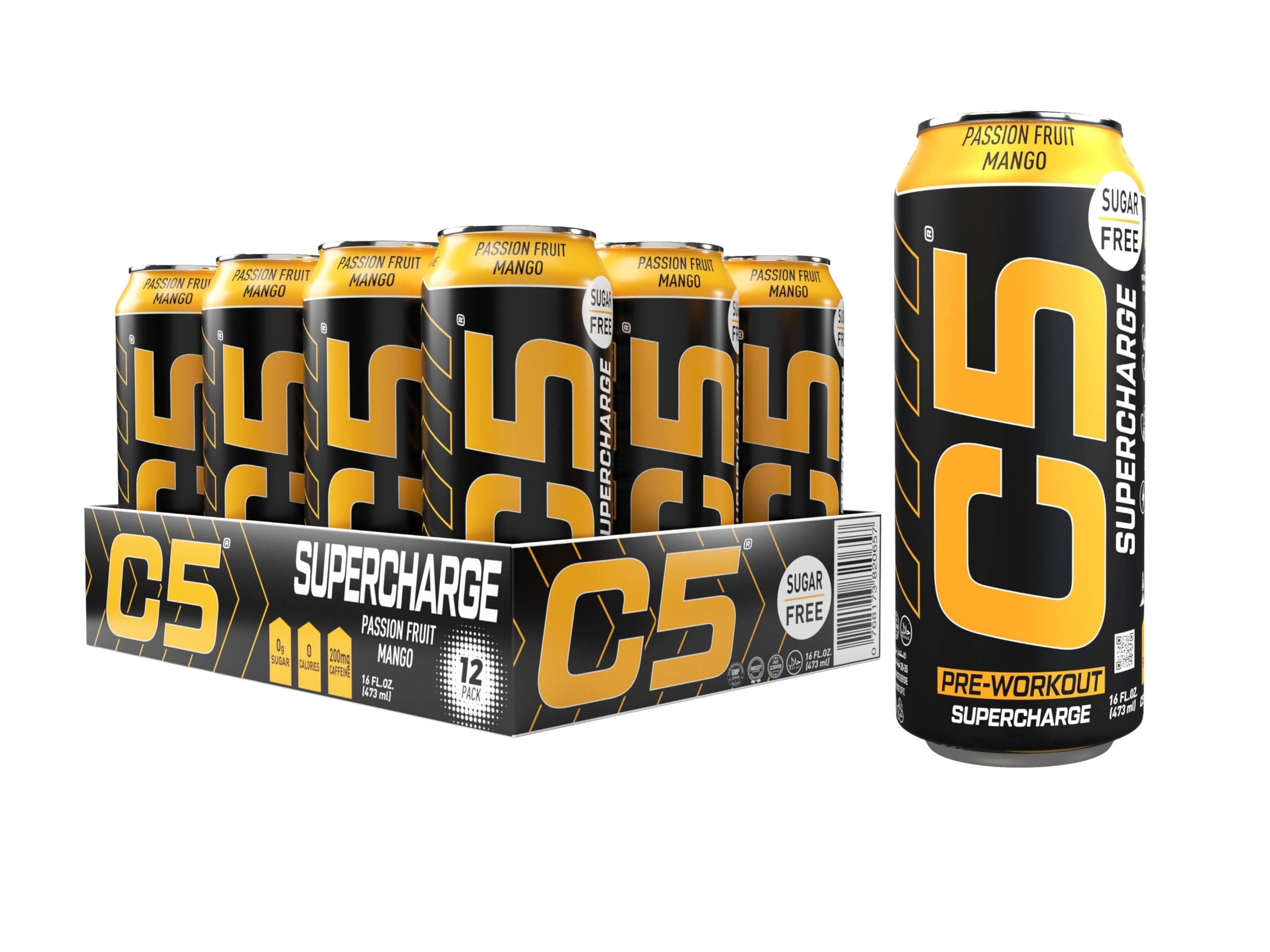 C5 Energy Drink Supercharge, Pre-Workout, 200mg Caffeine, Sugar Free, Zero Ca...