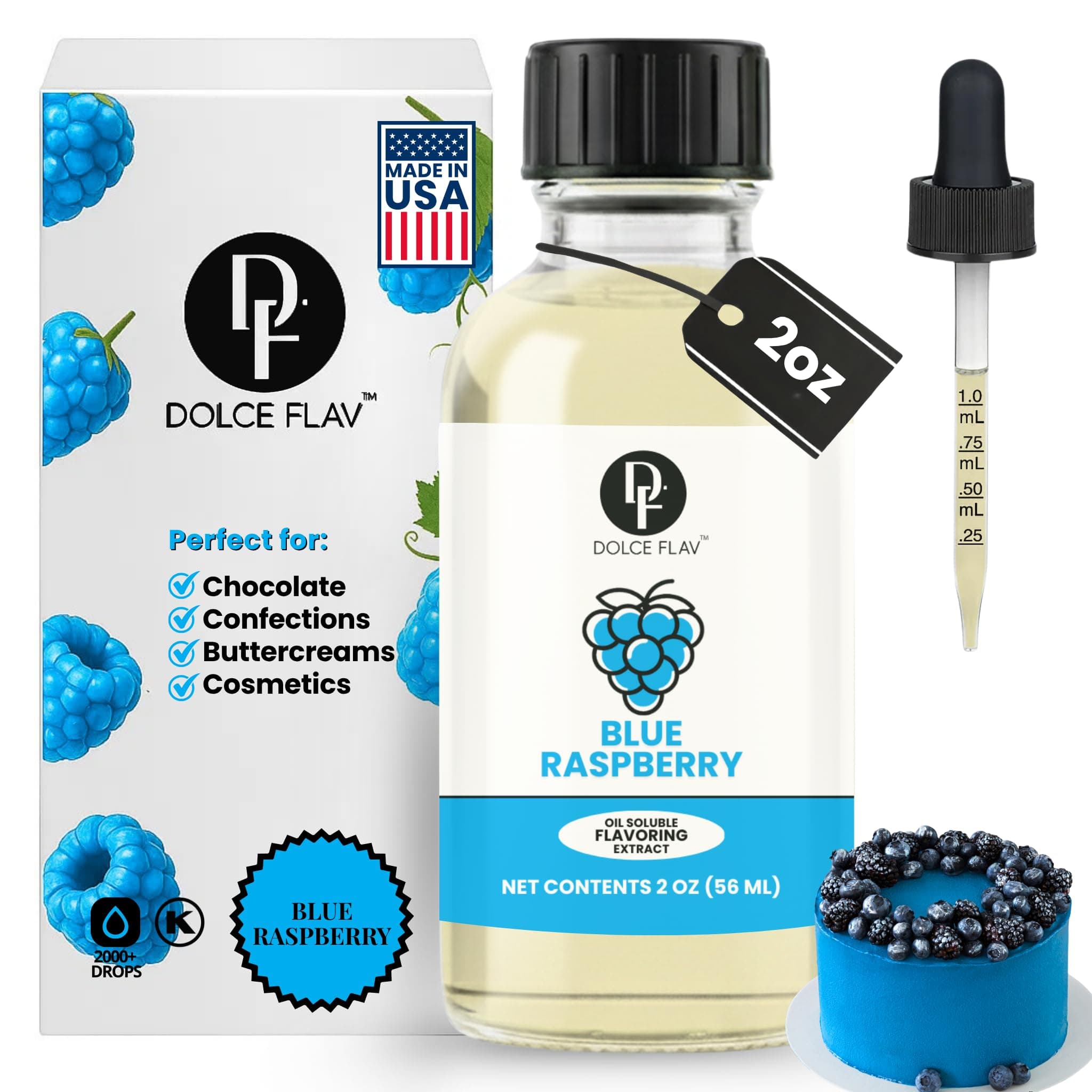 Dolce Flav Blue Raspberry Extract – 2 Ounce Oil-Soluble Kosher, Sugar-Free, Concentrated Blue Raspberry Flavoring for Baking, Chocolates & Desserts, Includes Measured Dropper