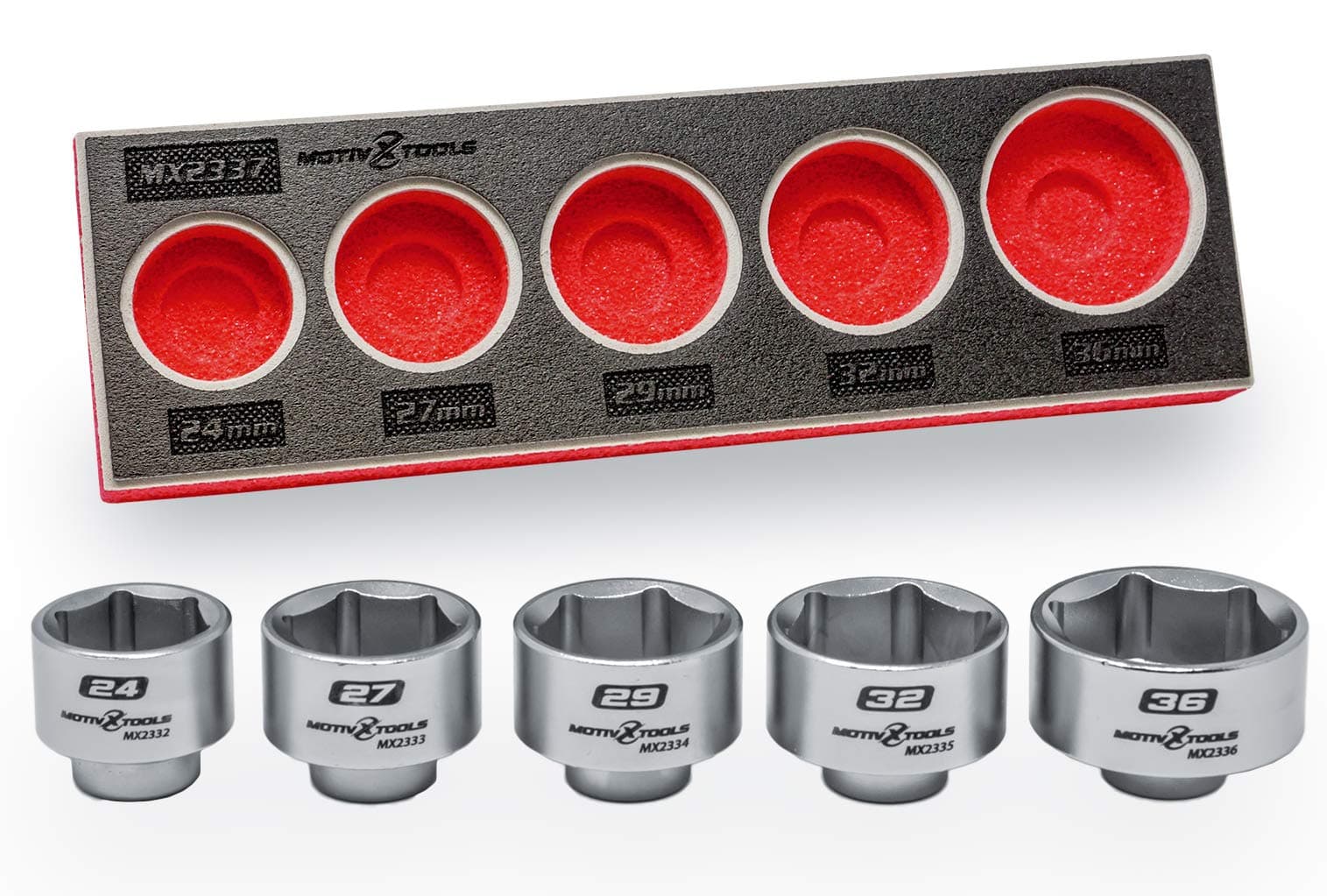 Motivx Tools 5pc Low Profile Cartridge Style Oil Filter Socket Set - Includes 24mm, 27mm, 29mm, 32mm, and 36mm