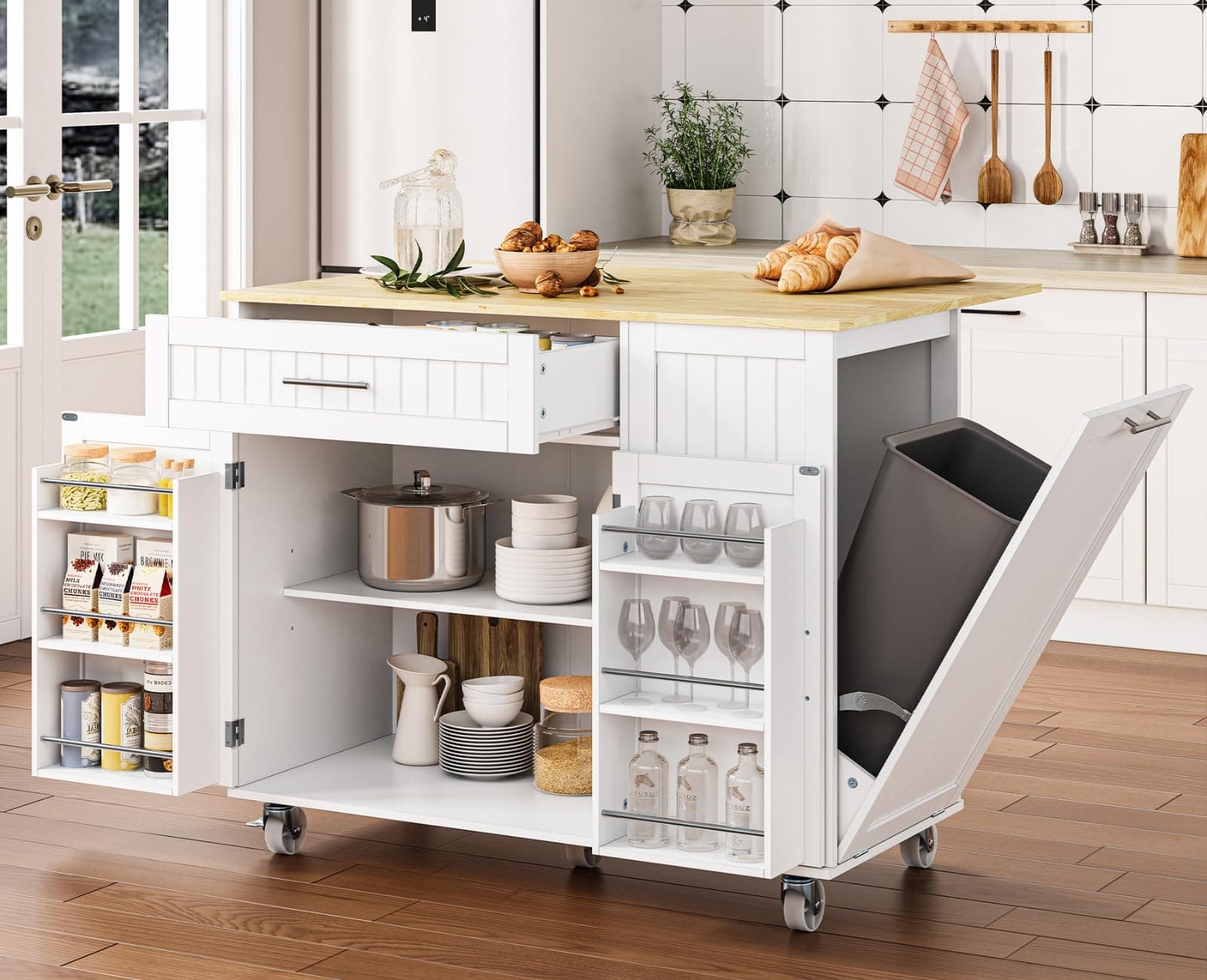 Kitchen Island with Storage, 31.5" D Rolling Kitchen Island Cart on Wheels with Widen Drop Leaf Rubberwood Top, Large Mobile Kitchen Islands with Trash Can Storage and Towel Bar, White