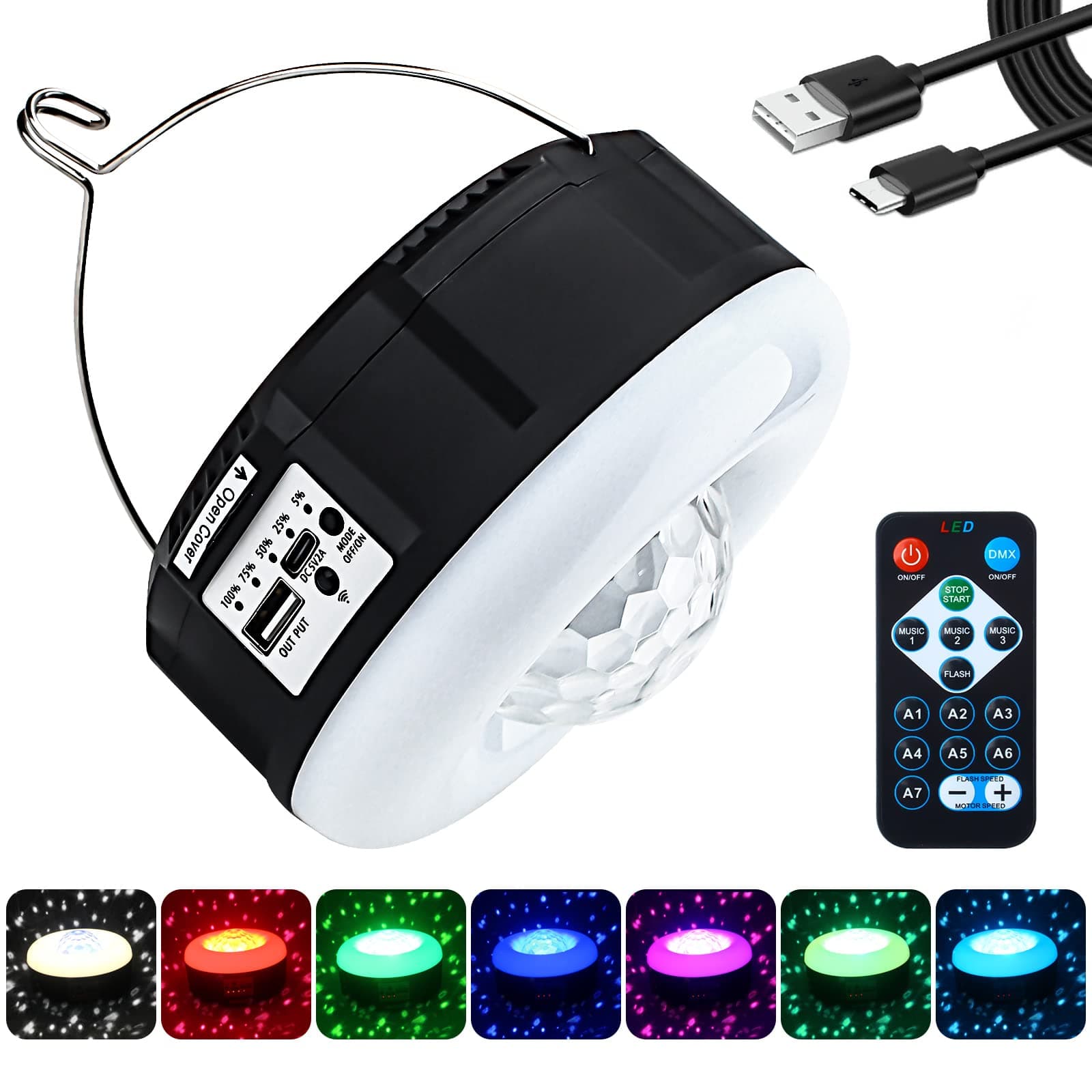 SWEALEERCamping Lantern, Portable RGB Disco Light, Remote Control Tent Light Rechargeable by Solar Panel or USB, with Handheld Hook for Home Emergency Lighting, Party, Camping, Hiking(RGB Magic light+White)