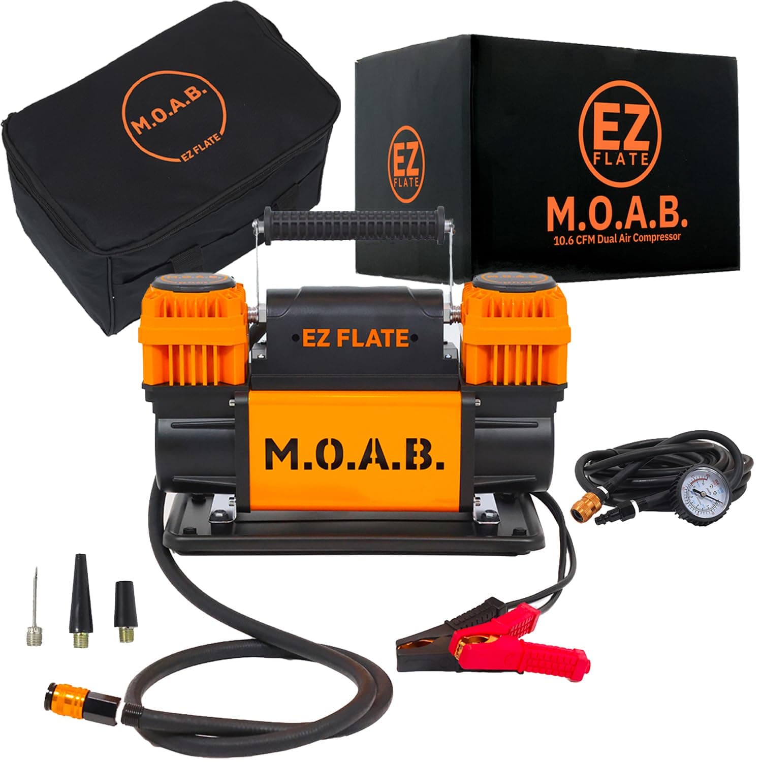 EZ FLATE M.O.A.B. 10.6 CFM PORTABLE 12V DUAL CYLINDER AIR COMPRESSOR | AIR HOSE | HEAVY DUTY (M.O.A.B.)