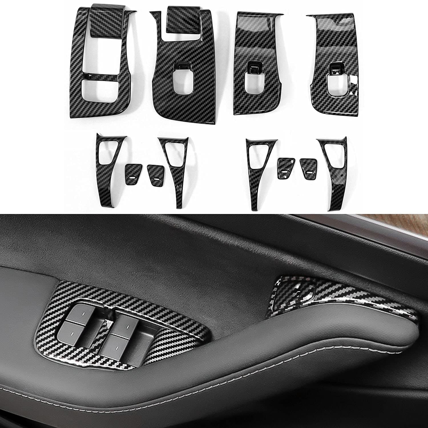 14Pcs ABS Bright Carbon Fiber Style Window Control Panel Cover Door Lock Switch Trim Interior Accessories Kit Compatible with Latest 2021 2022 2023 Tesla Model 3 Model Y