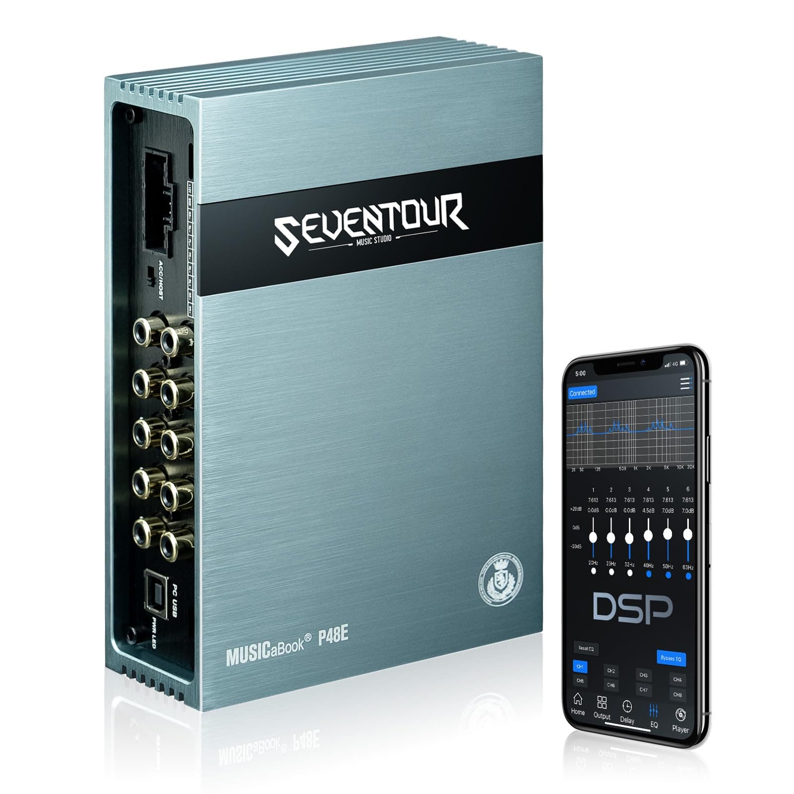 P48E DSP Car Audio Equalizer built-in Amplifier, 31-Band Graphic Equalizers, 8-Channels Output, 4-Channels Input, With APP/PC/Manual Control/Bluetooth/USB/Optical IN,Digital Signal Processor