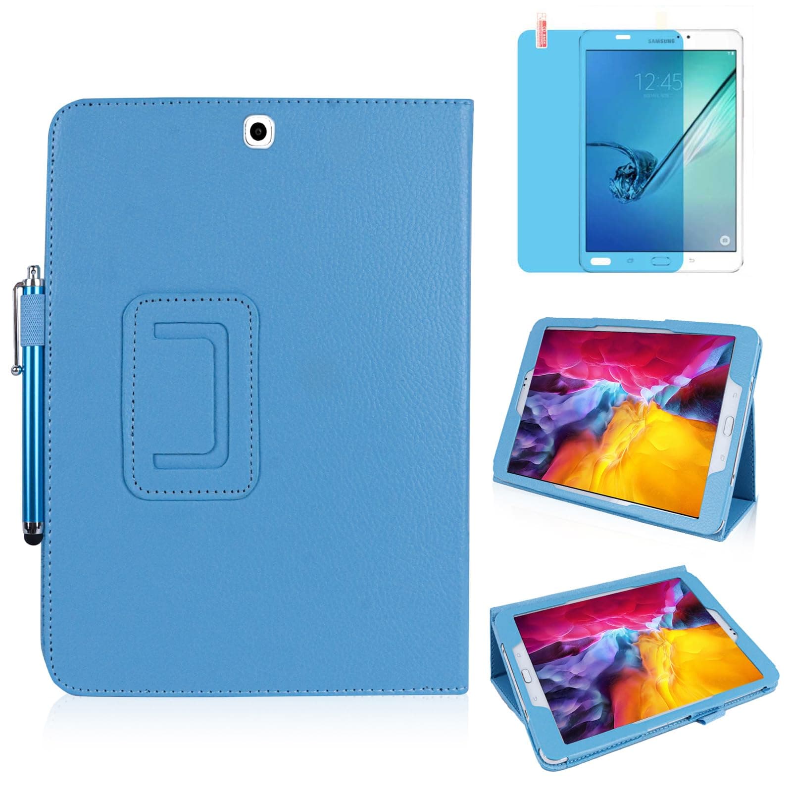Slim Leather Case for Samsung Galaxy Tab S2 9.7 Inch 2015 (SM-T810 T813 T815 T817 T819), Multi-Angle Stand Full-Protective Tablet Cover Book Case with Stylus Pen,Screen Film (Sky Blue)