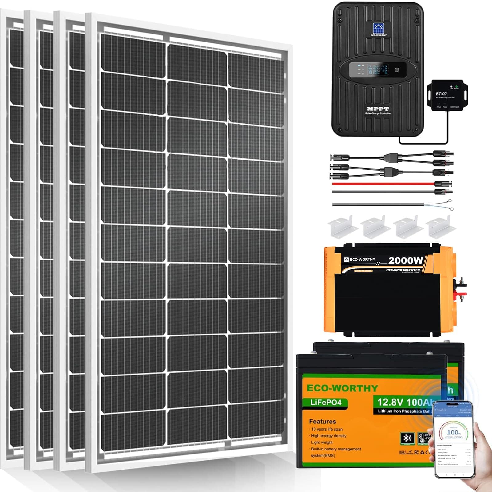 ECO-Worthy 1.6KWH Complete Solar Panel Kit 400W 12V for RV Off Grid: 4 * 100W Solar Panel + 40A MPPT Controller + 2 * 12V 100Ah Lithium Battery + Upgraded 2000W Power Inverter + Bluetooth Module