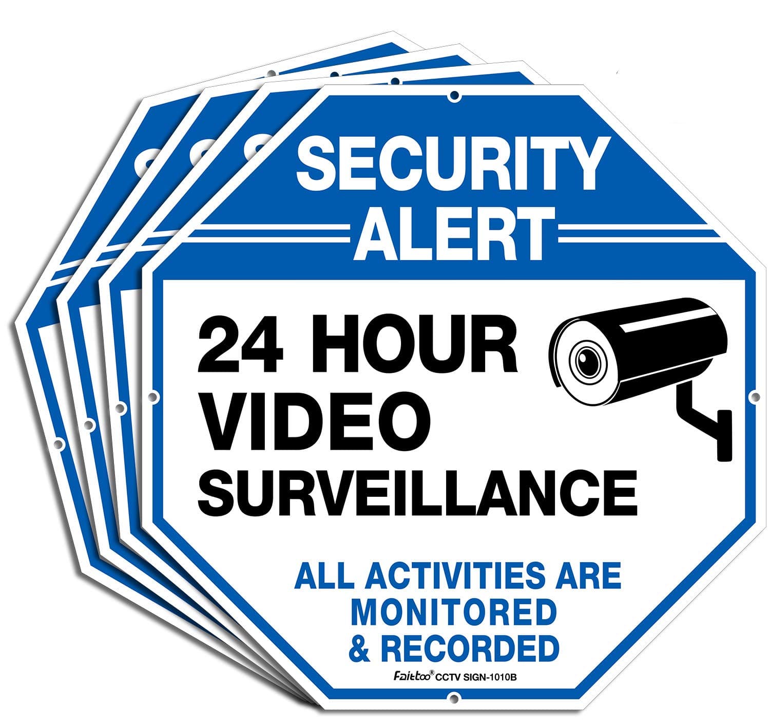 (4 Pack)"Security Alert - 24 Hour Video Surveillance, All Activities Monitored" Signs,10" x 10" .040 Aluminum Reflective Warning Sign for Home Business CCTV Security Camera, Indoor or Outdoor Use,Blue