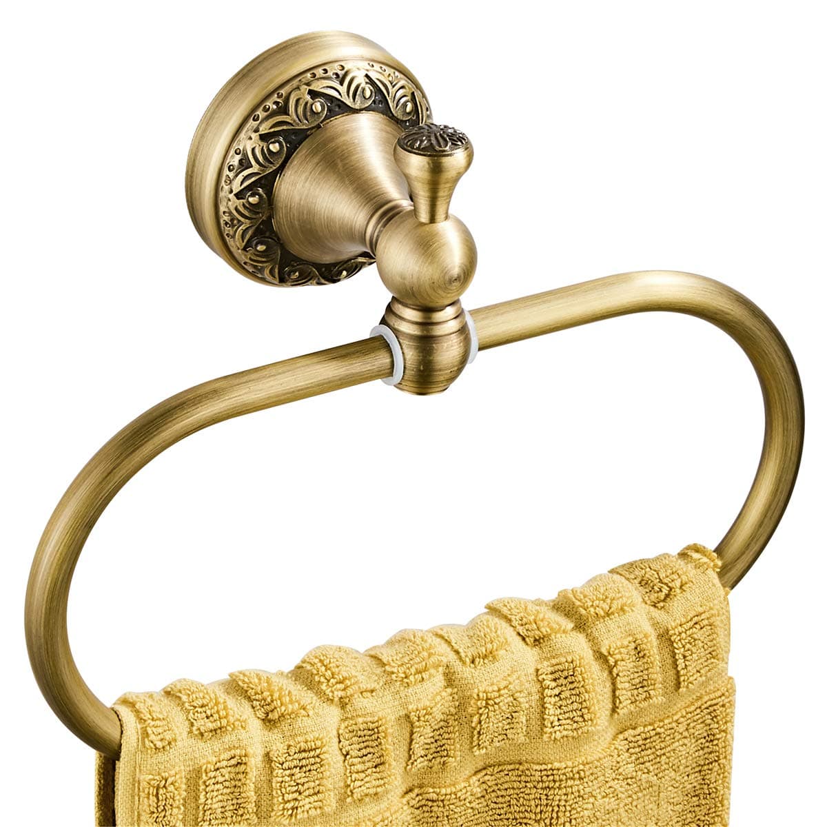 Flybath Oval Towel Ring Antique Brass Exquisite Pattern Carving Hanger Hand Towel Holder for Bathroom Kitchen Accessories Wall Mounted, Brushed Brass