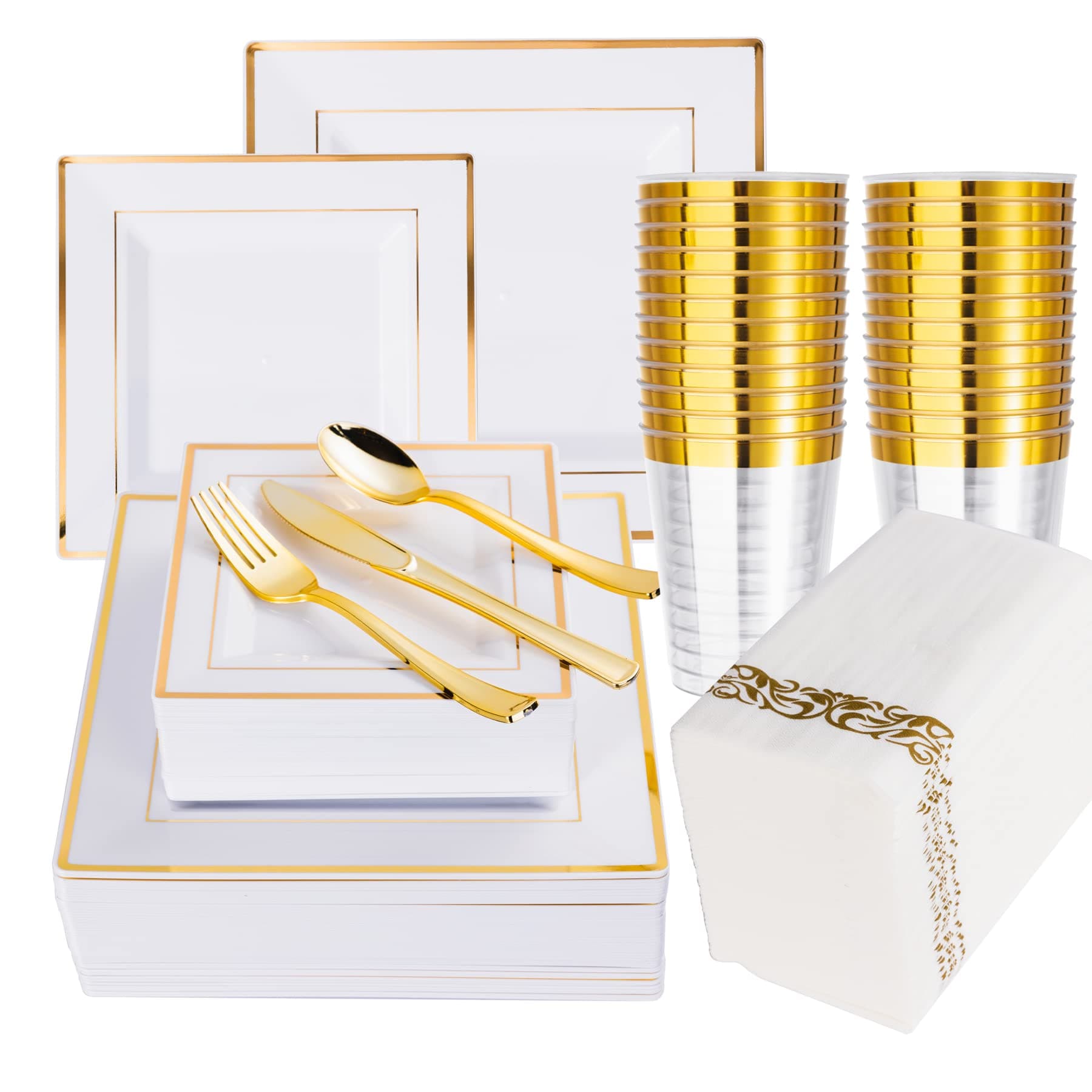N9R 50 Guest Gold Dinnerware Set-100 White Square Plastic Plates with Gold Rim, 50 forks, 50 Spoons, 50 Knives, 50 Cups, 50 Napkins-Disposable Dinnerware Set for Wedding