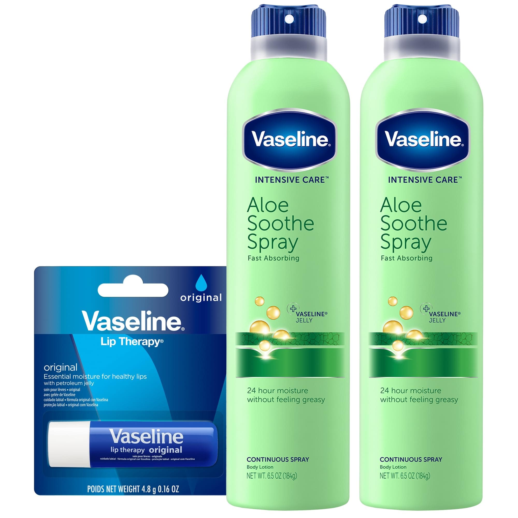 Vaseline Aloe Soothe Spray 2-Pack – Non-Greasy, Fast-Absorbing All-Over Soothing Moisturizer for Dry Skin + Original Lip Therapy for Soft, Smooth Lips