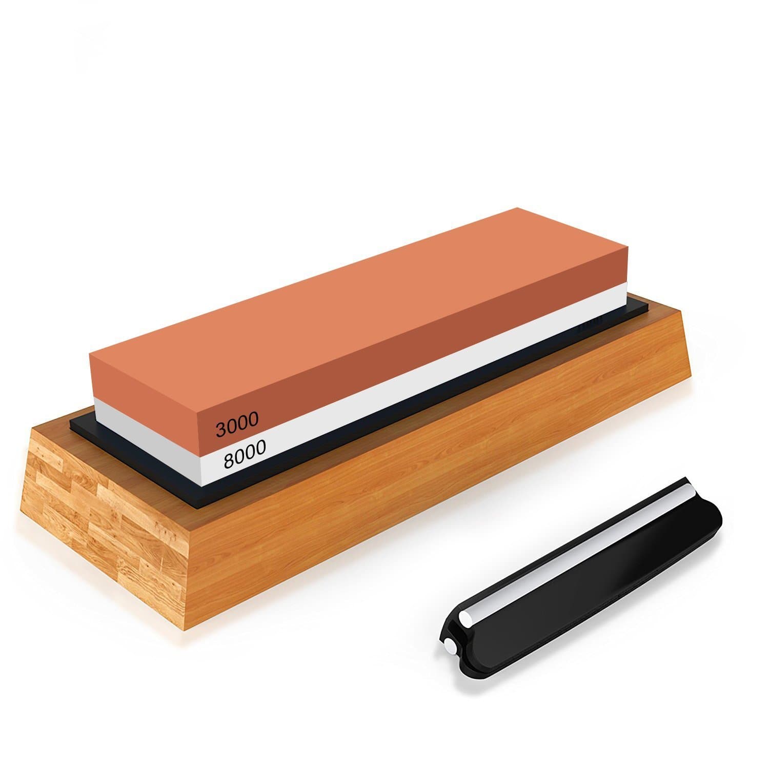 Knife Sharpener Knife Sharpening Stone Kit Japanese Whetstone Kitchen Knife Sharpener 2 Side 3000/8000 Grit with Non- slip Rubber Bamboo Holder Base and Angle Guide (3000/8000 Grit with Base)