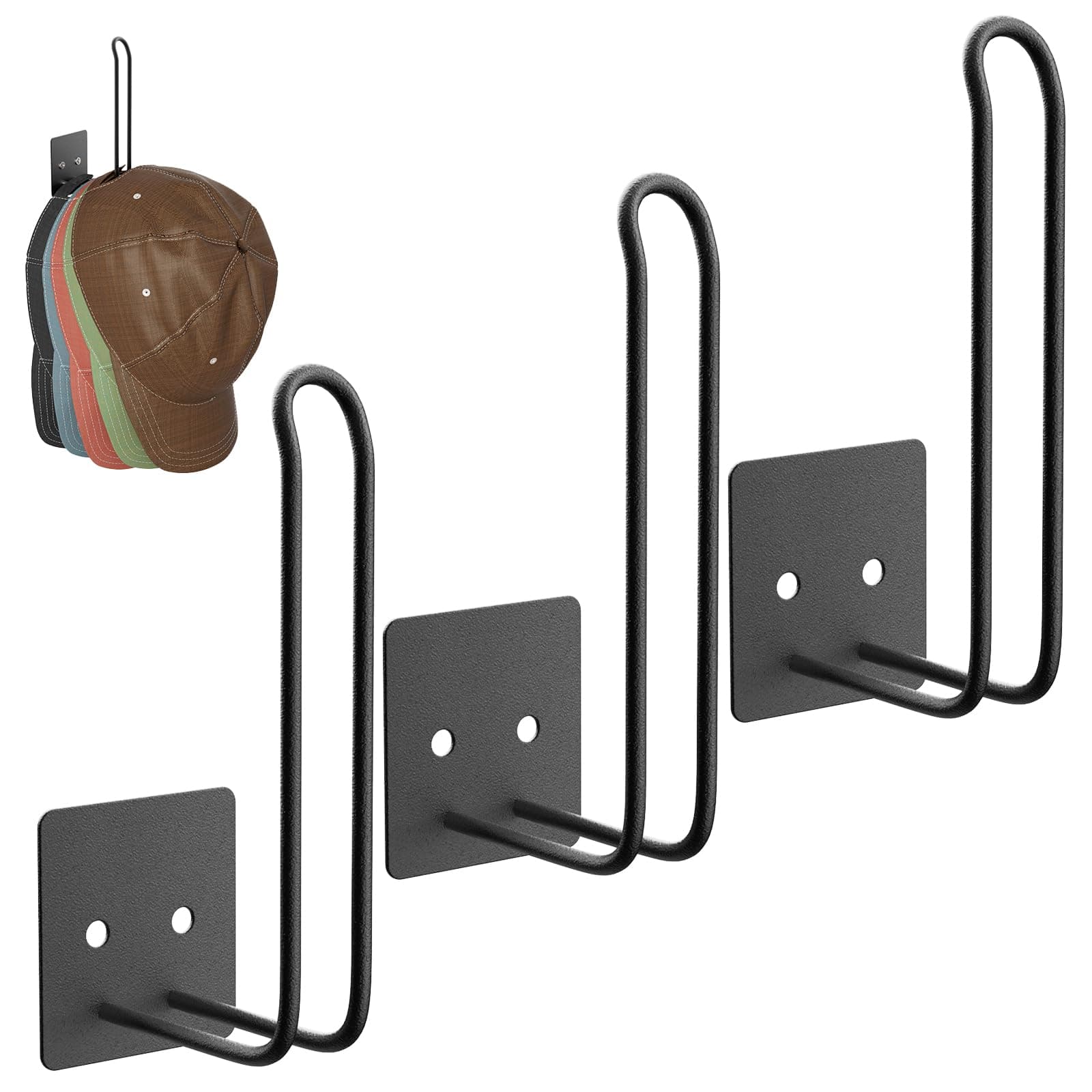 3 Pack Metal Hat Rack, Hat Organizer for Baseball Caps, No Drilling Adhesive/Drilling Hat Holder Storage Organizer for Wall Mount Closet Door, Black