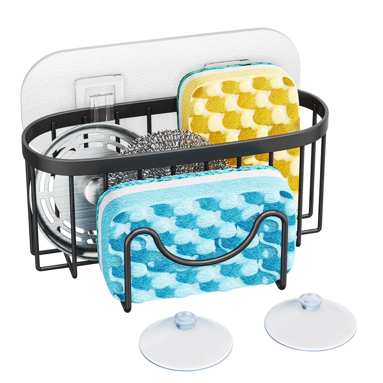 Multifunctional Sponge Holder with Unique M-Shaped, 2 Installation Methods Kitchen Sink Caddy Organizer, Rustproof Stainless Steel Sponge Caddy for Brush, Sink Stopper and Scraper -Black