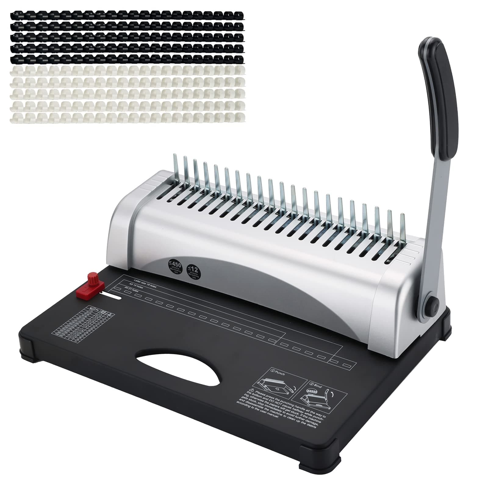 MYFULLY Comb Binding Machine, 21-Holes, 450 Sheets, Paper Punch Binder with Starter Kit 100 PCS 1/2'' PVC Comb Bindings Perfect for Letter Size, A4, A5 or Smaller Sizes Office Documents