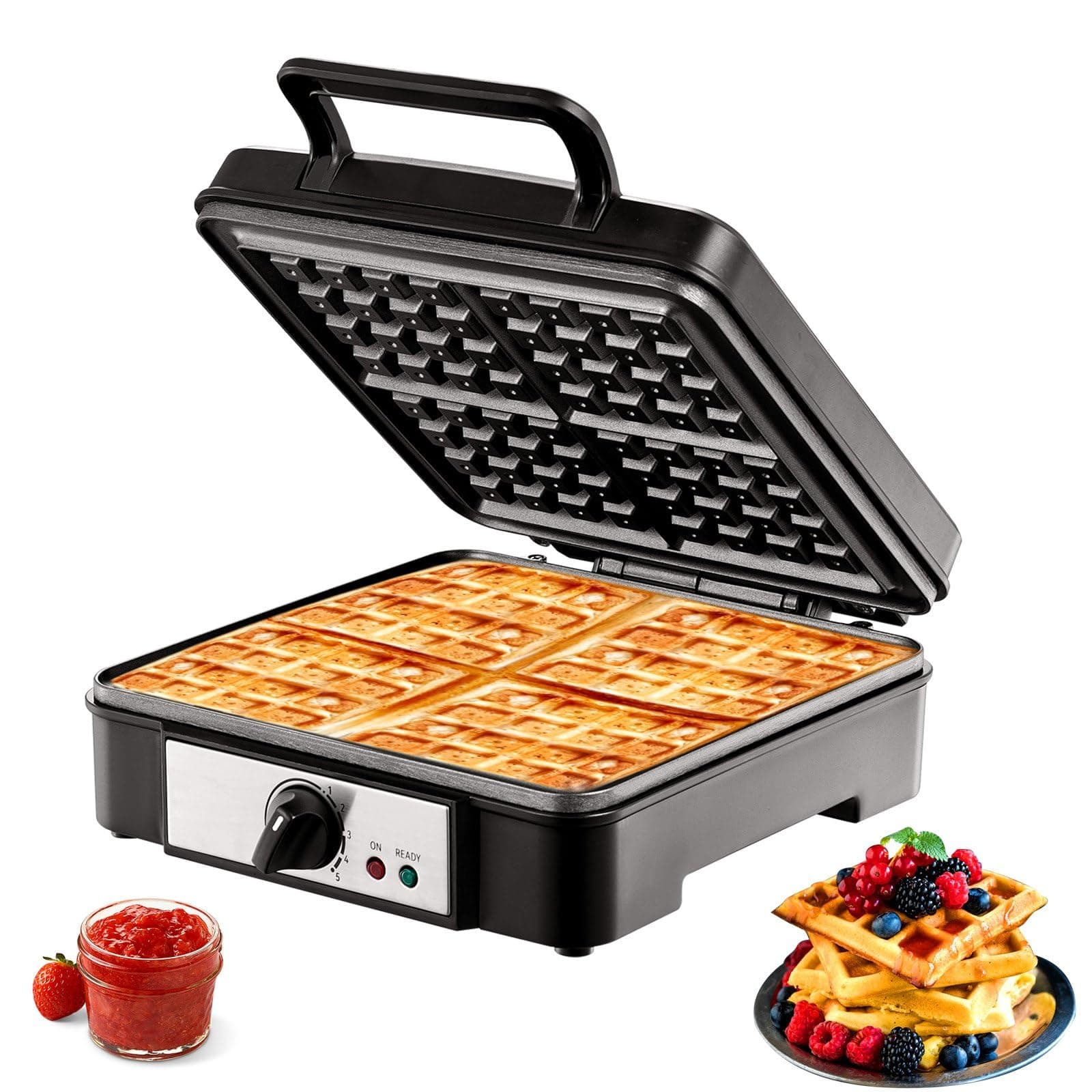 1200W Square Waffle Iron, Non-Stick Waffle Baker Machine with Temperature Range, Stainless Steel Body