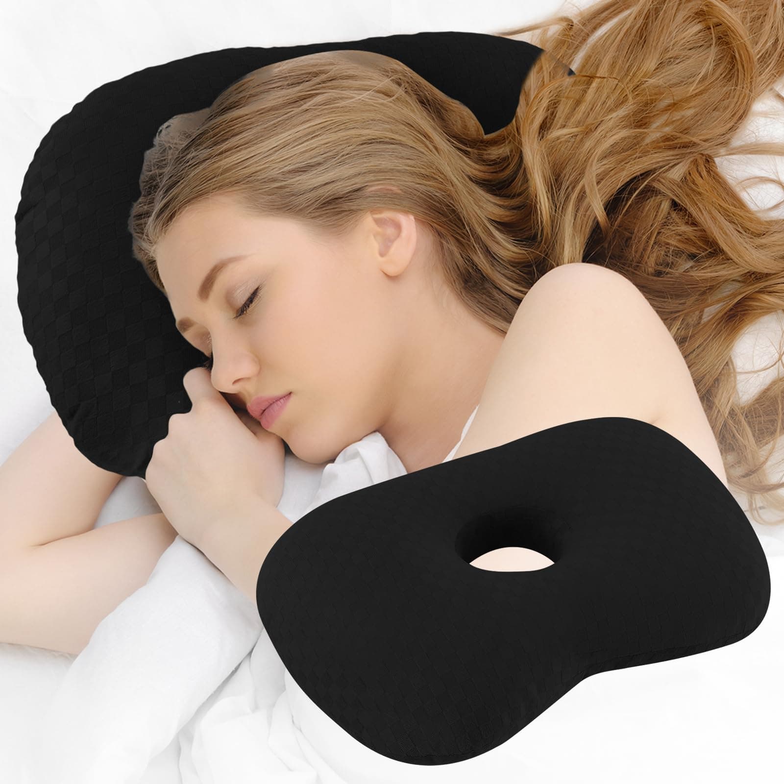 Ear Piercing Pillow with an Ear Hole, Cotton and Polyester Side Sleeping Pillow for CNH and Ear Pain Ear Inflammation Pressure Sores for Side Sleepers, Ear Guard Pillow (Black)