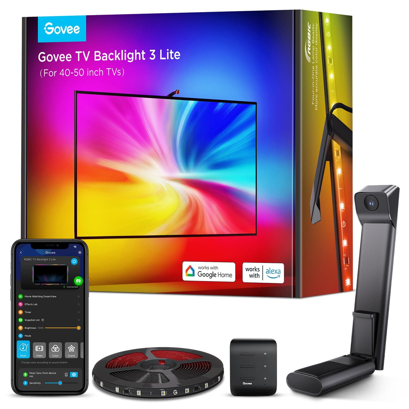 TV Backlight 3 Lite with Camera Fisheye Correction, 2.4m for 40-50 Inch TVs, RGBICW TV LED Backlight, 4-in-1 Beads, WiFi, Work with Voice Assistant Alexa&App Controls