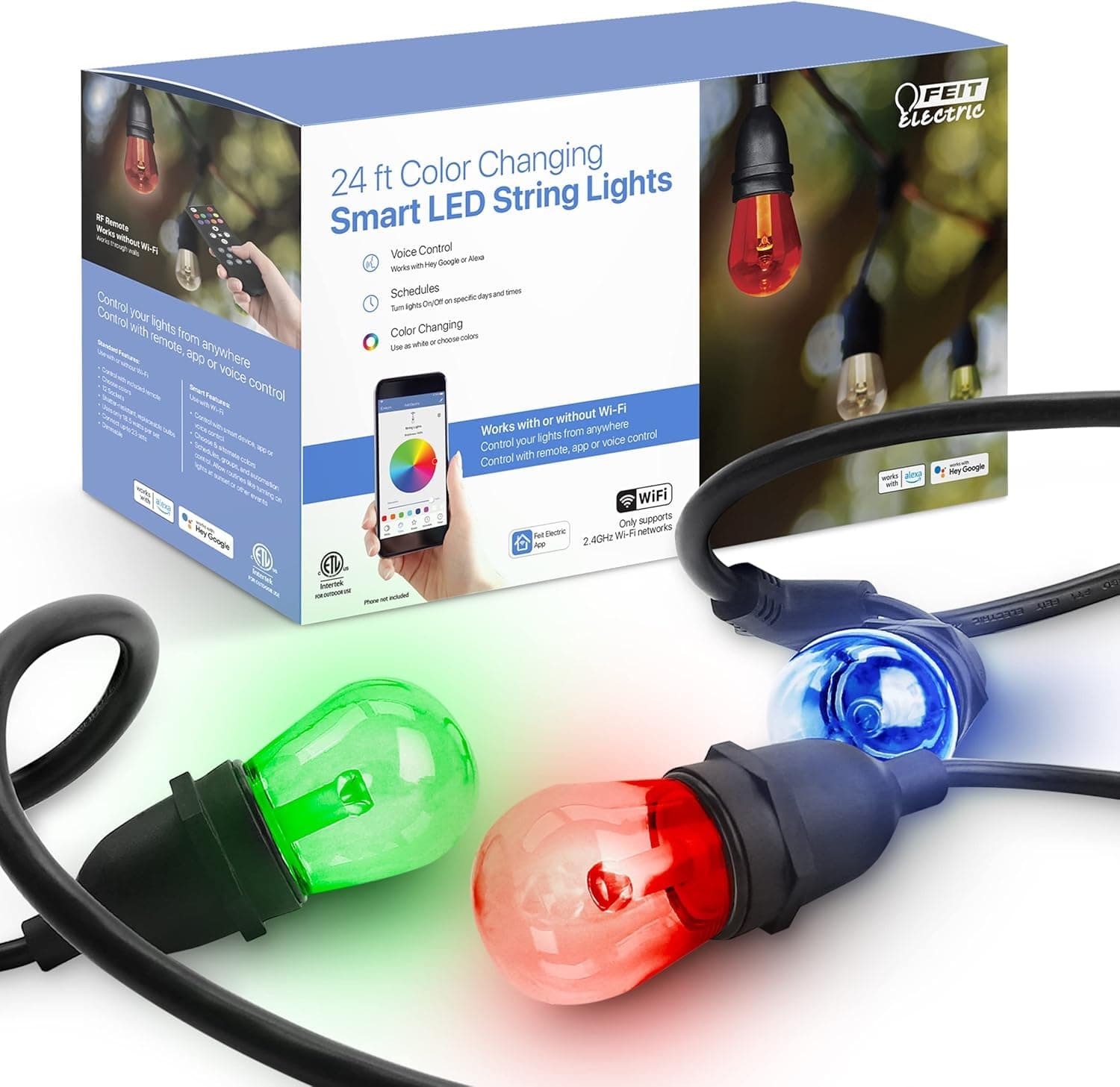 Feit Electric 24" 12pc. Light Color Changing Smart WiFi String Lights with Scheduling Features and Works with Alexa/Google Assistant, Heavy Duty and Weather Resistant - Clear Bulb - SL24-12/RGBW/AG