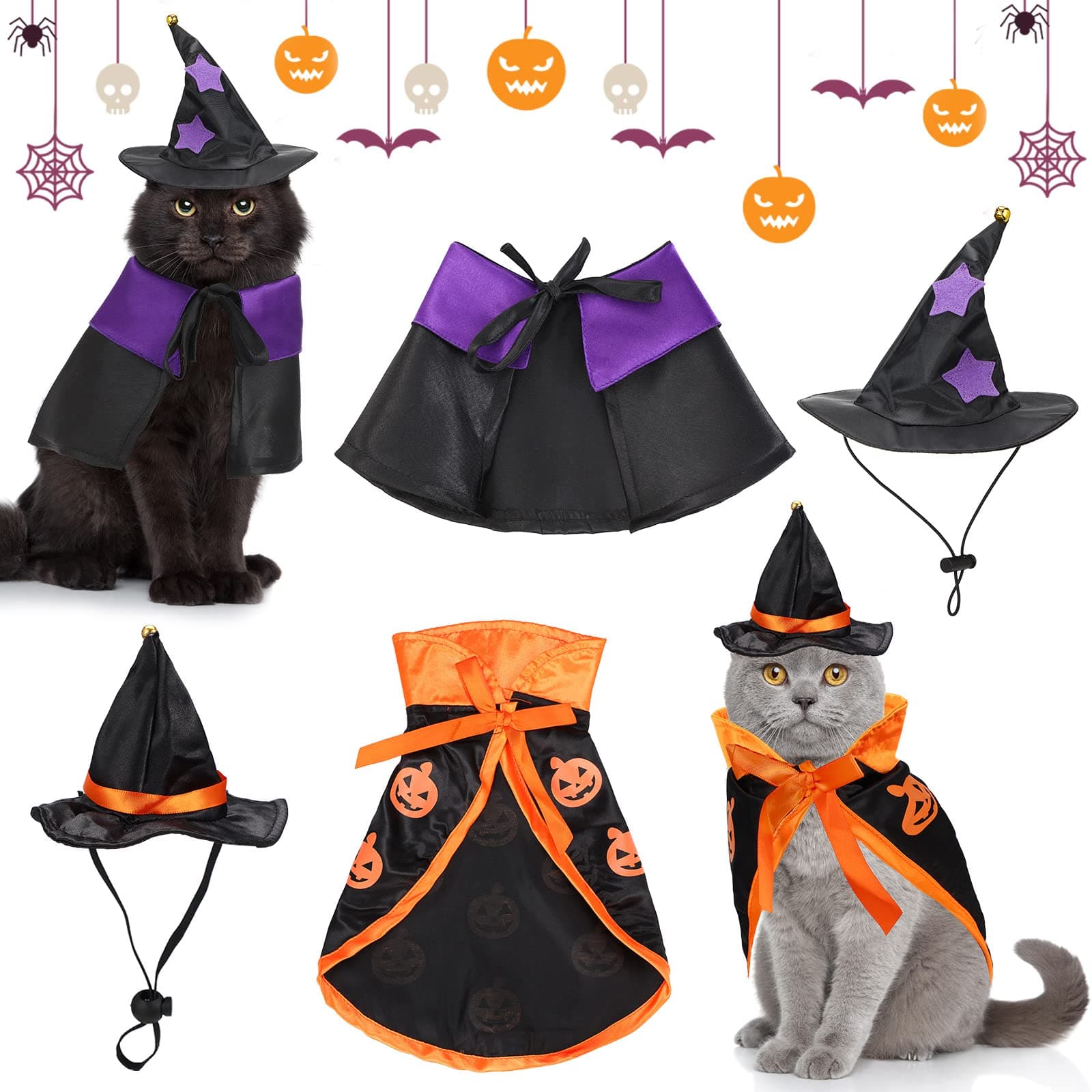 LEIFIDE2 Sets Halloween Pet Costume Includes Pumpkin Witch Cape Witch Cloak Wizard Hats Cat Wizard Costume Cat Halloween Apparel Accessories for Kitten Puppy Halloween Party Cosplay (Stylish Style)
