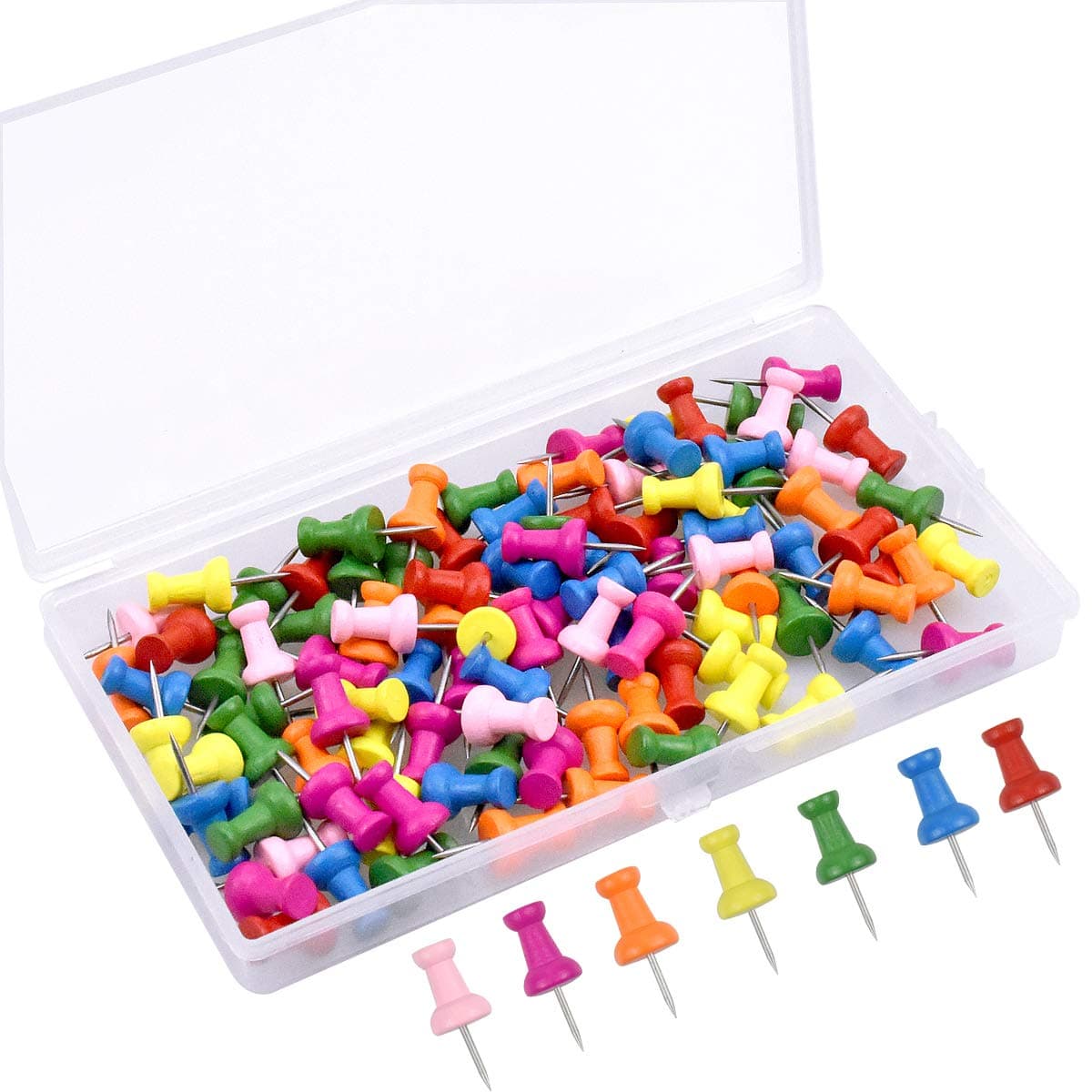 100 Pcs Wood Push Pins with Plastic Storage Box, 2.3cm Drawing Pins, Multicolor Thumb Tacks for Office, School, Home, Bulletin Boards, Cork Boards, and Maps