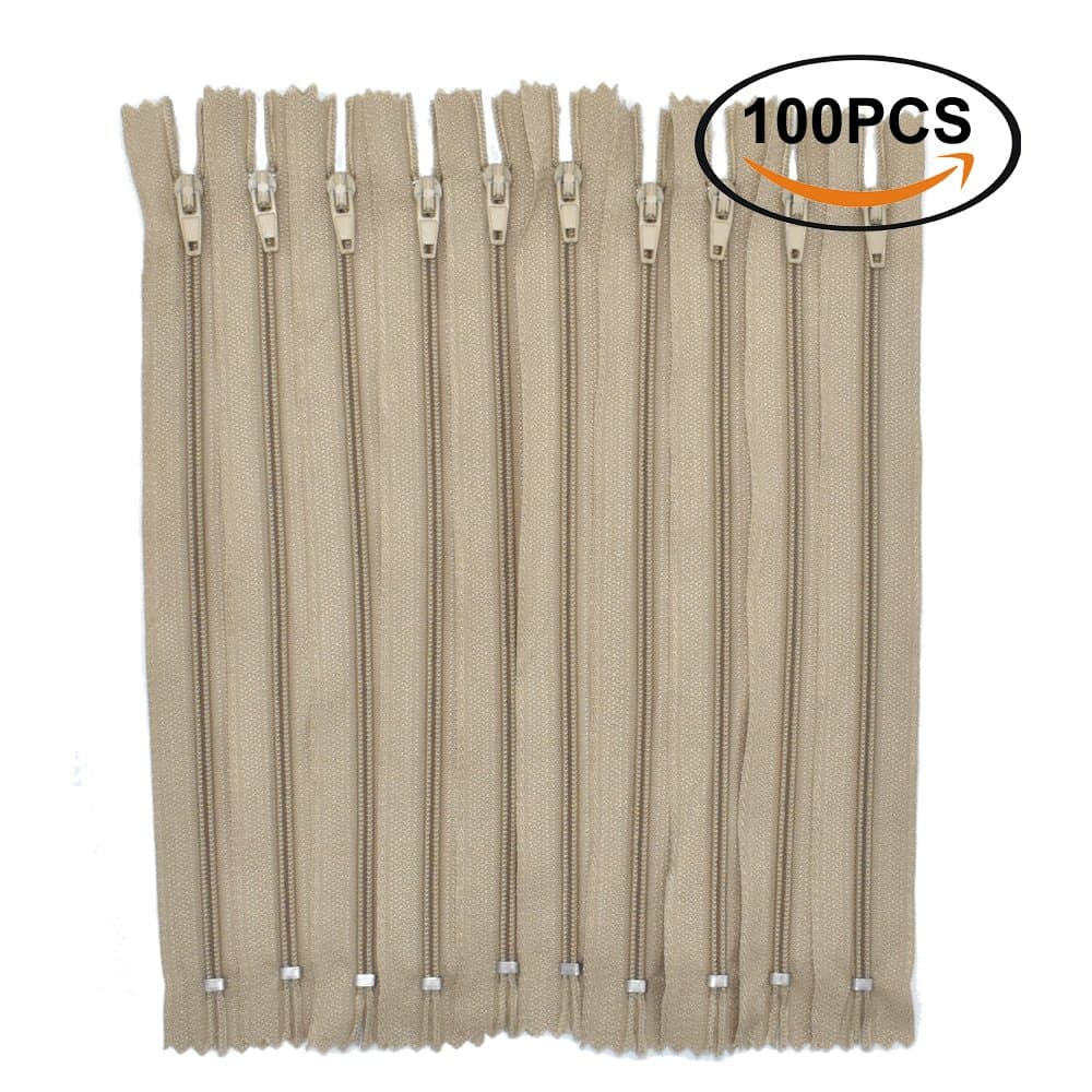 Renashed 100Pcs 9Inch Nylon Coil Zippers Bulk for Tailor Sewer Sewing Crafts Crafter's Specia (Deep Beige)