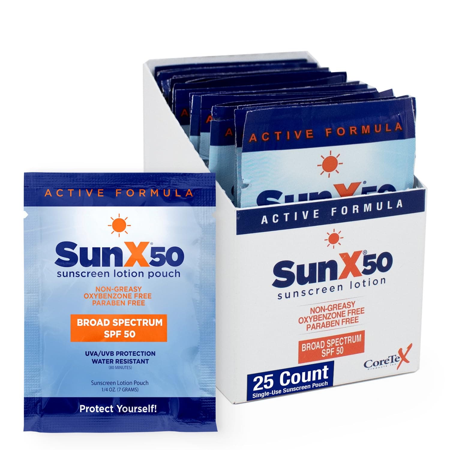 Sun X 50 SPF Broad Spectrum Sunscreen Packets - Pack of 25 Paraben, Oxybenzone, Octinoxate, & Oil Free Sunscreen - No White Cast and Water Resistant Up to 80 Minutes