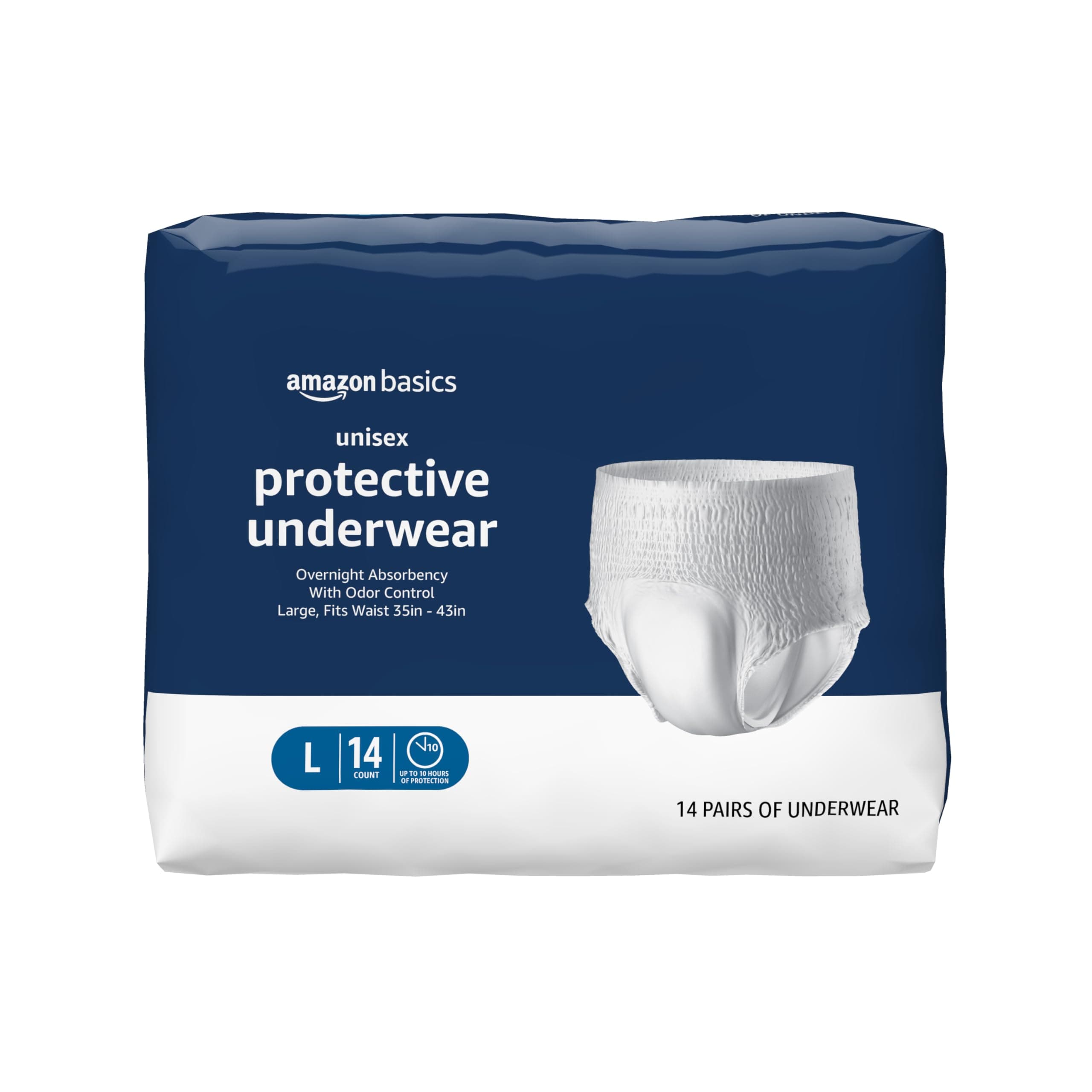 Amazon Basics Unisex Protective Underwear, Overnight Absorbency, Large, 14 Count, (1 Pack of 14)