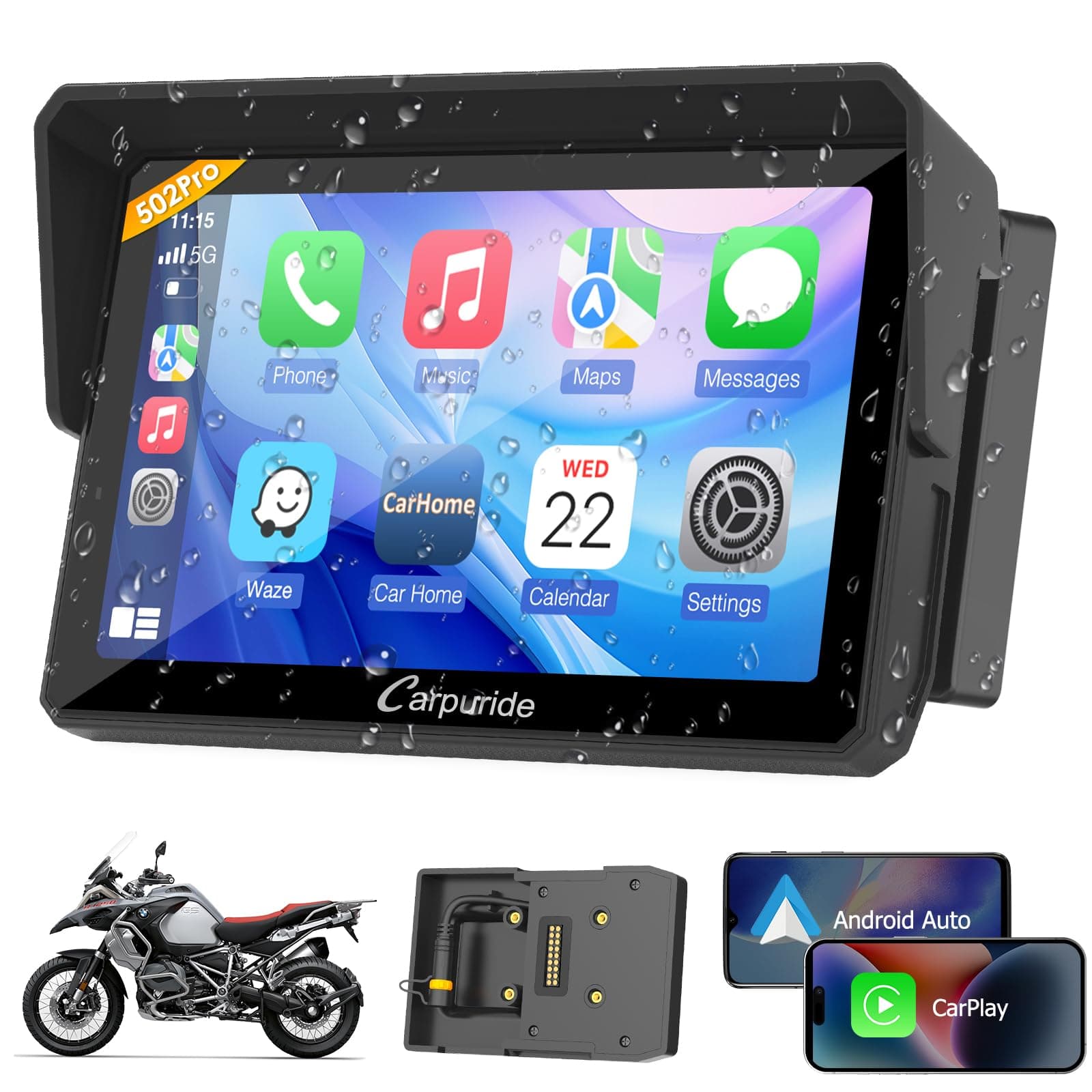 W502B Pro for Motorcycle B.M W, CarPlay & Android Auto & Dual Bluetooth, 5 Inch Waterproof GPS Navigation Screen for Motorcycle, Music Sharing, Intercom,