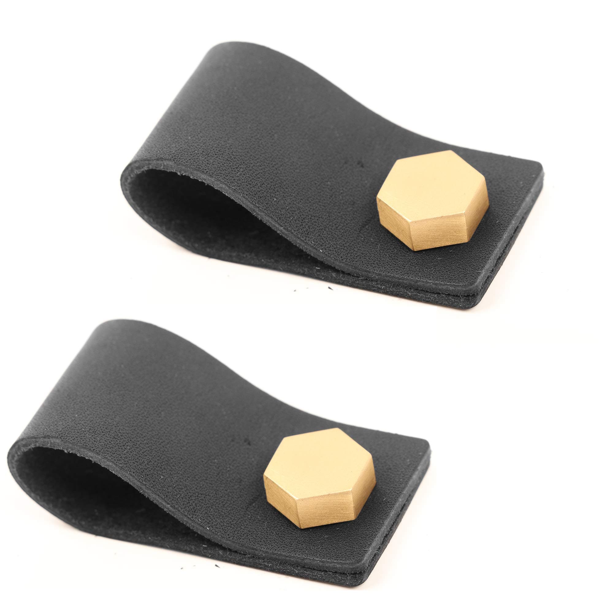 Cabinet Drawer Pull, Black, 5.1" Real Genuine Leather with Brass Hexagonal Hardware, Set of 2