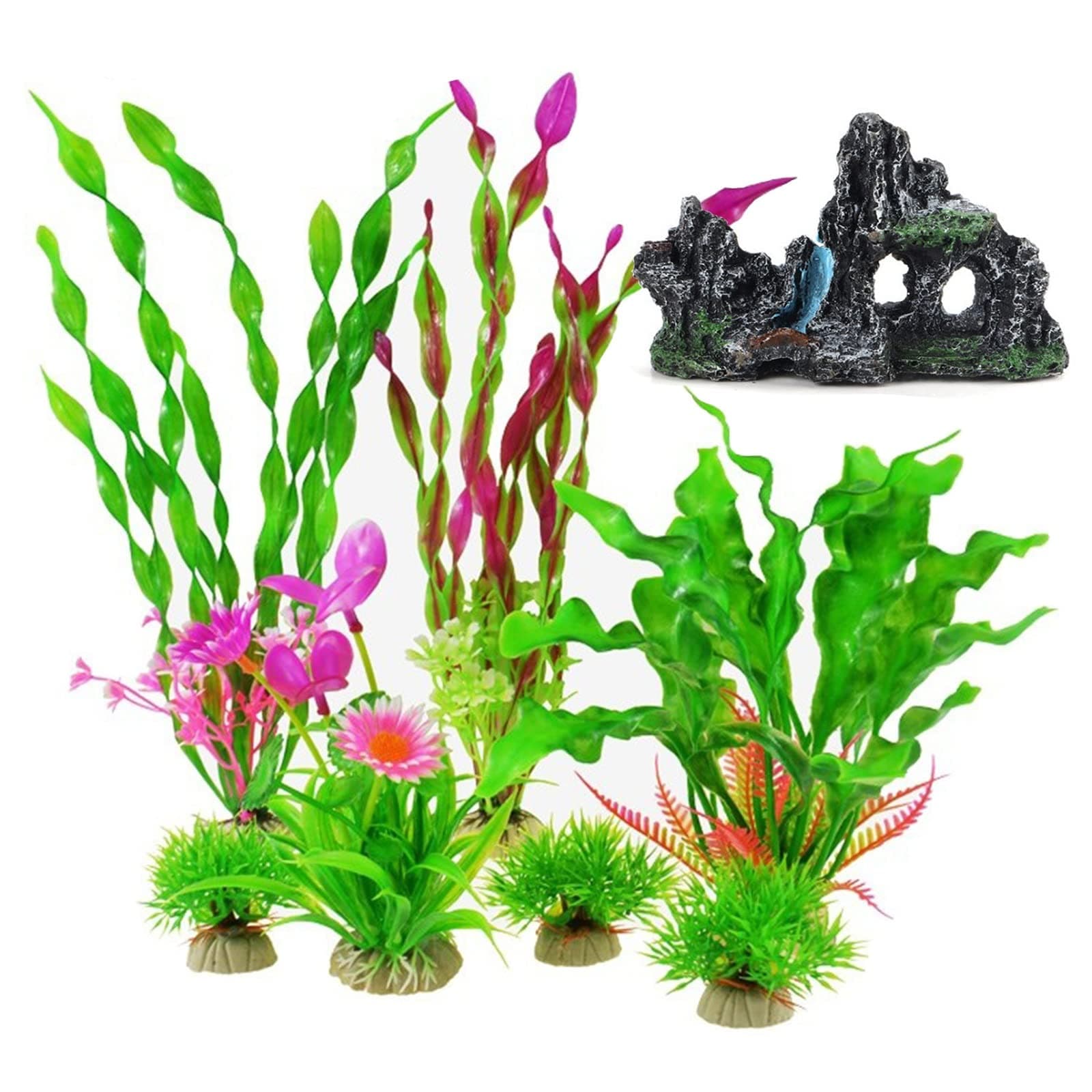Coco West Aquarium Decorations - Fish Tank Decor Kit Plastic Plants and Cave Rock Decorations Decor Set -Tank Accessories Plants,Small and Large Artificial Fish Tank Plants with Cave Rock