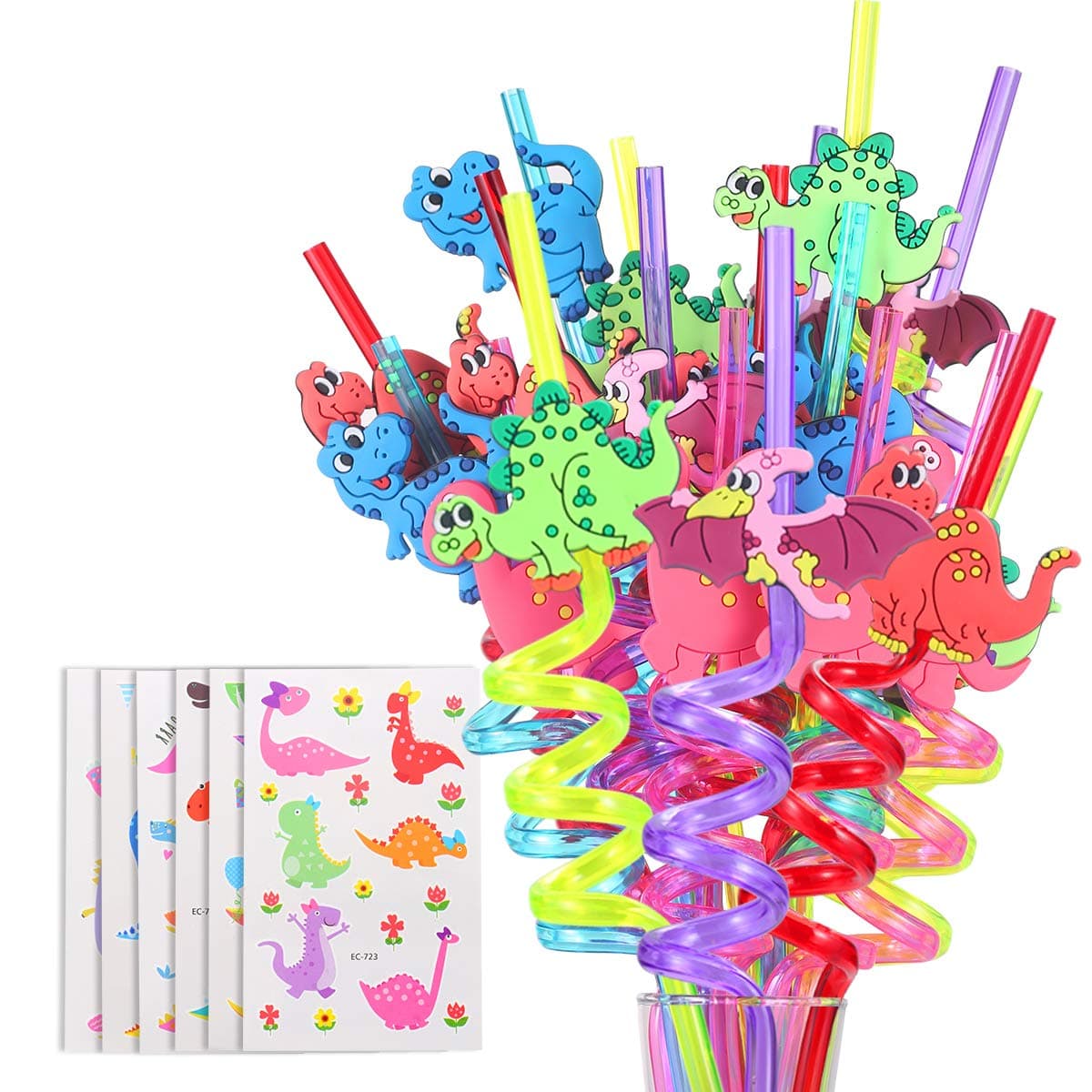 24 Reusable Dinosaur Drinking Plastic Straws + 6 Dinosaur Temporary Tattoos for Kids Girls Boys | Dinosaur Birthday Party Supplies Three Rex Party Favors Decorations with Cleaning Brush
