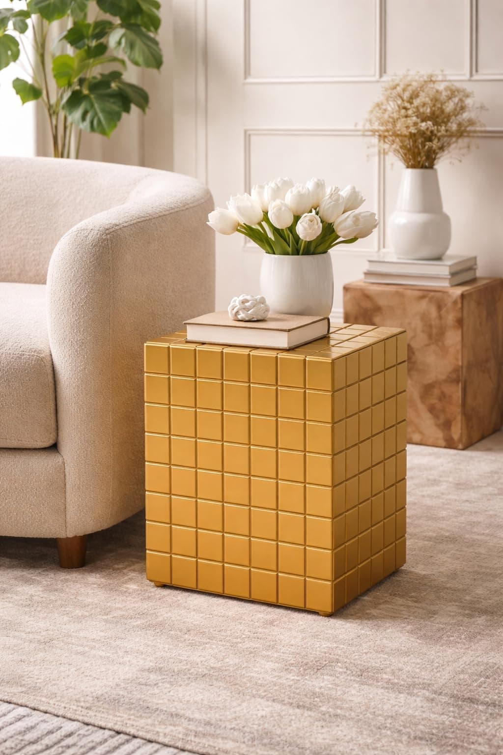 Device Bas with BROWN ART SHOPPEE Tiled Cube Accent Bedside Table Coffee Stand Home Storage Organizer For Living Room Bedroom (, Golden, Engineered Wood)