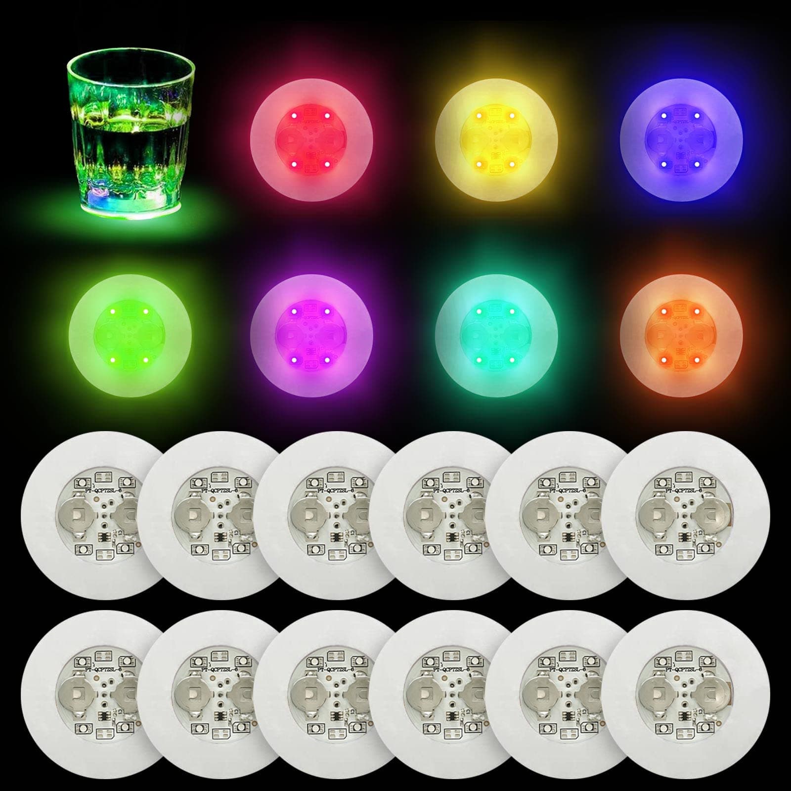 LOGUIDE LED Coaster Discs,12 Pack Light Up Coasters,7Colors RGB LED Bottle Lights,Bottle Glorifier, LED Sticker Coaster Discs Light Up for Drinks, Flashing Shotb Light (Multicolor)