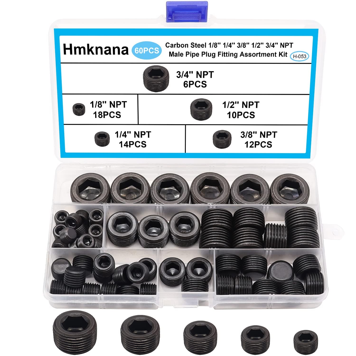 60PCS Black Carbon Steel Pipe Plug Fitting Assortment Kit - 5 Sizes 1/8" 1/4" 3/8" 1/2" 3/4" NPT Male Internal Hex Thread Socket for Sealing Port H-053