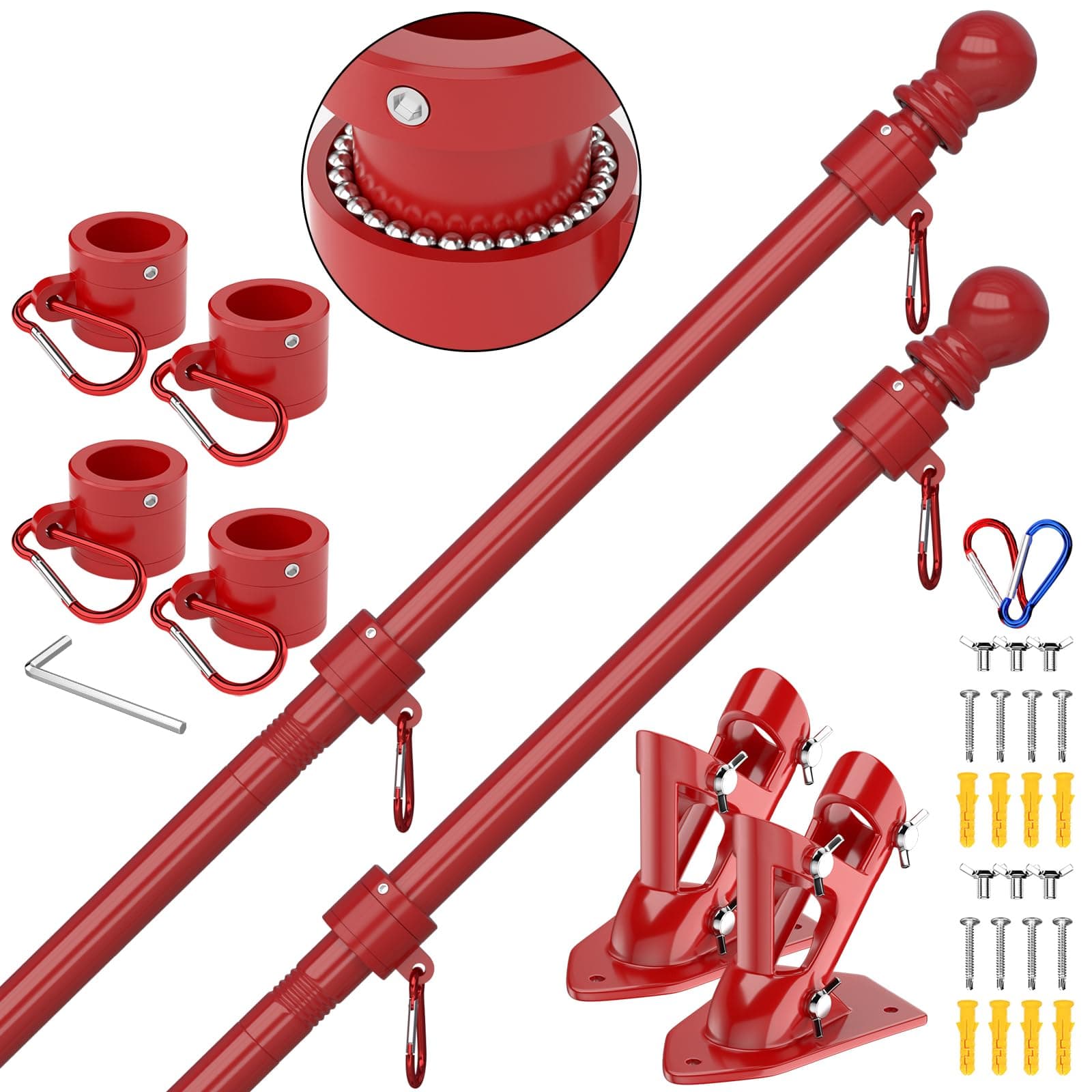 ZMTECH Flag Pole - Upgraded Bracket,(2 Packs) 6 FT Stainless Steel Flag Poles for Outside House, Residential or Commerical, Tangle Free Flag Pole Kit for American Flag (Without Flag, Red)