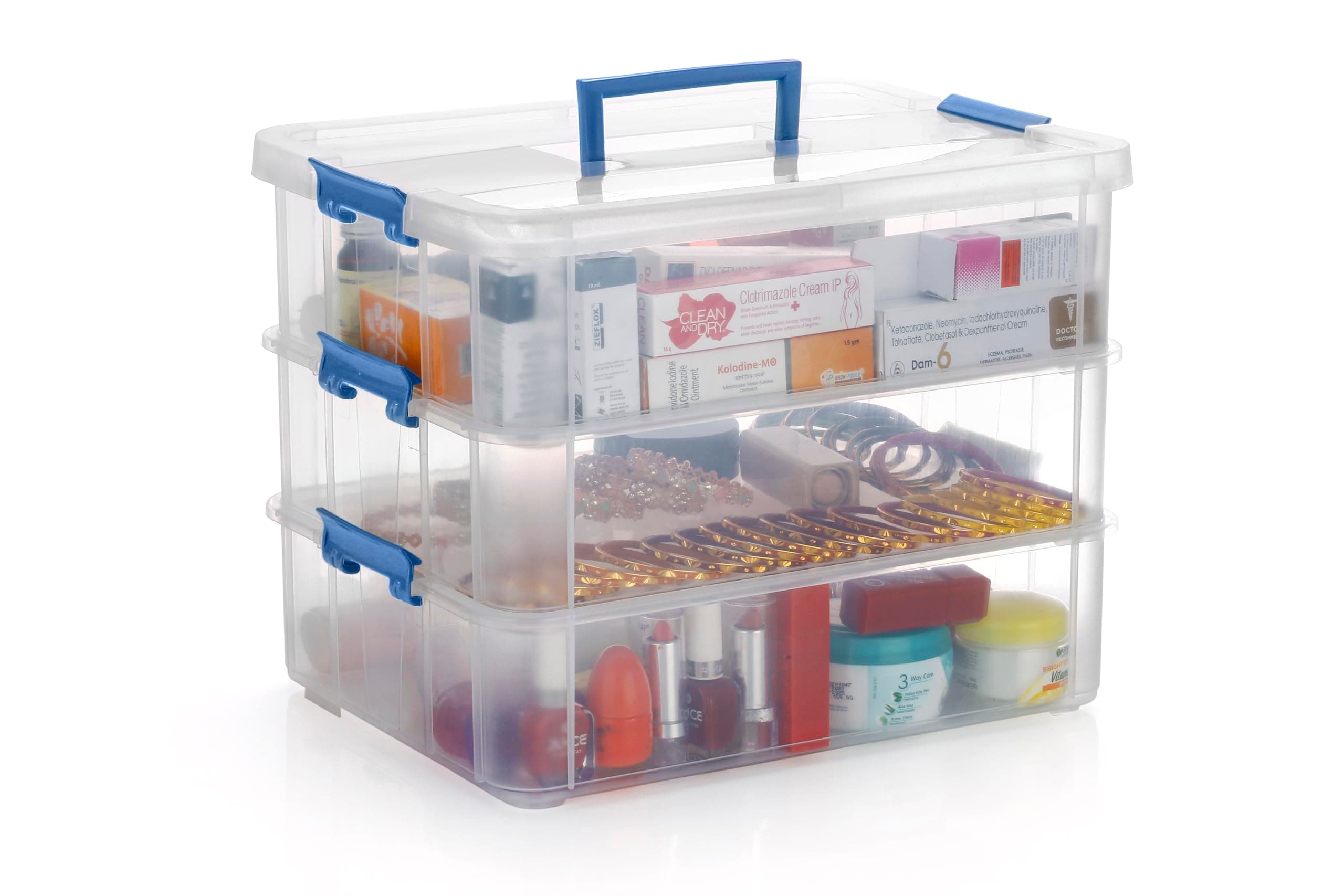 PALAK Plastic Storage Box - 3 Tier Transparent Rectangular Multi Utility Detachable,Portable&Stackable Space Saving Organiser With Lid For Medicine,Jewelry,Arts&Crafts,Buttons,Beads(3 Tier,Blue)