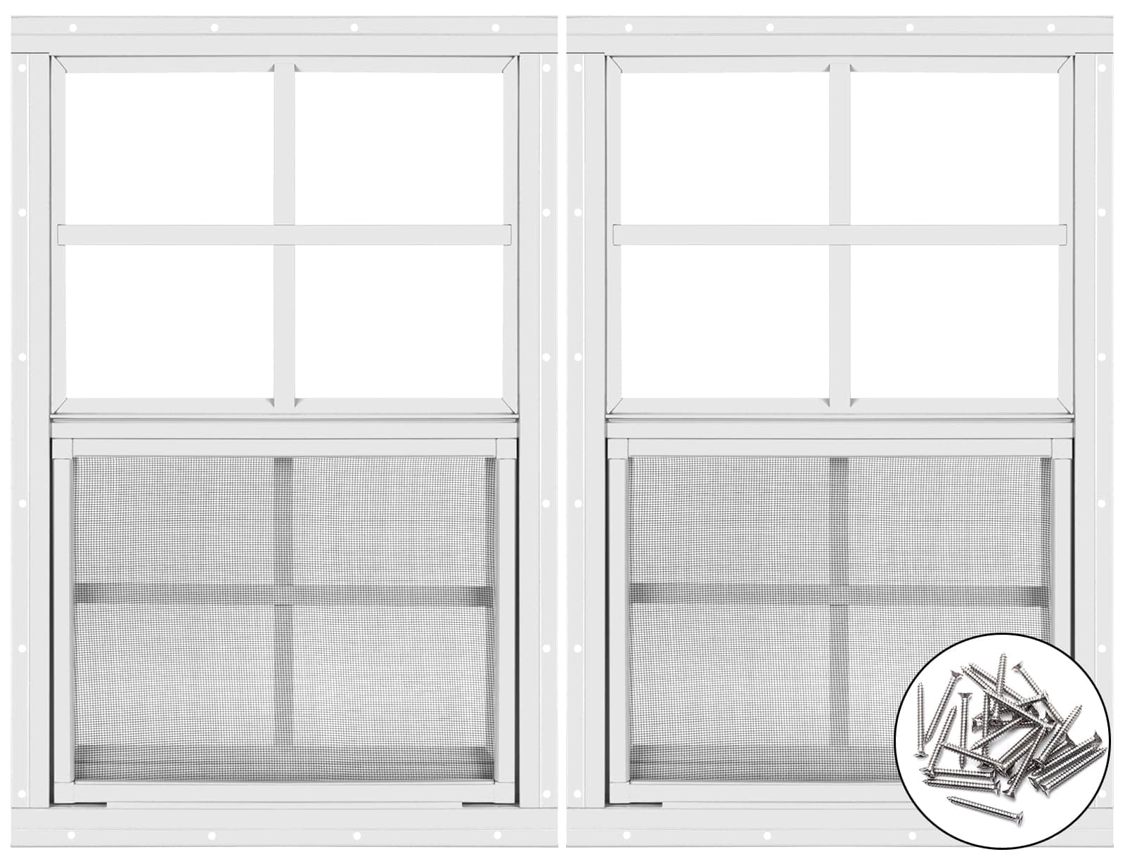 2 Pack Shed Window 14" W x 21" H, White Flush Mount Window with Tempered Glass and Removable Screen for Playhouses, Sheds, Garage and Chicken Coops
