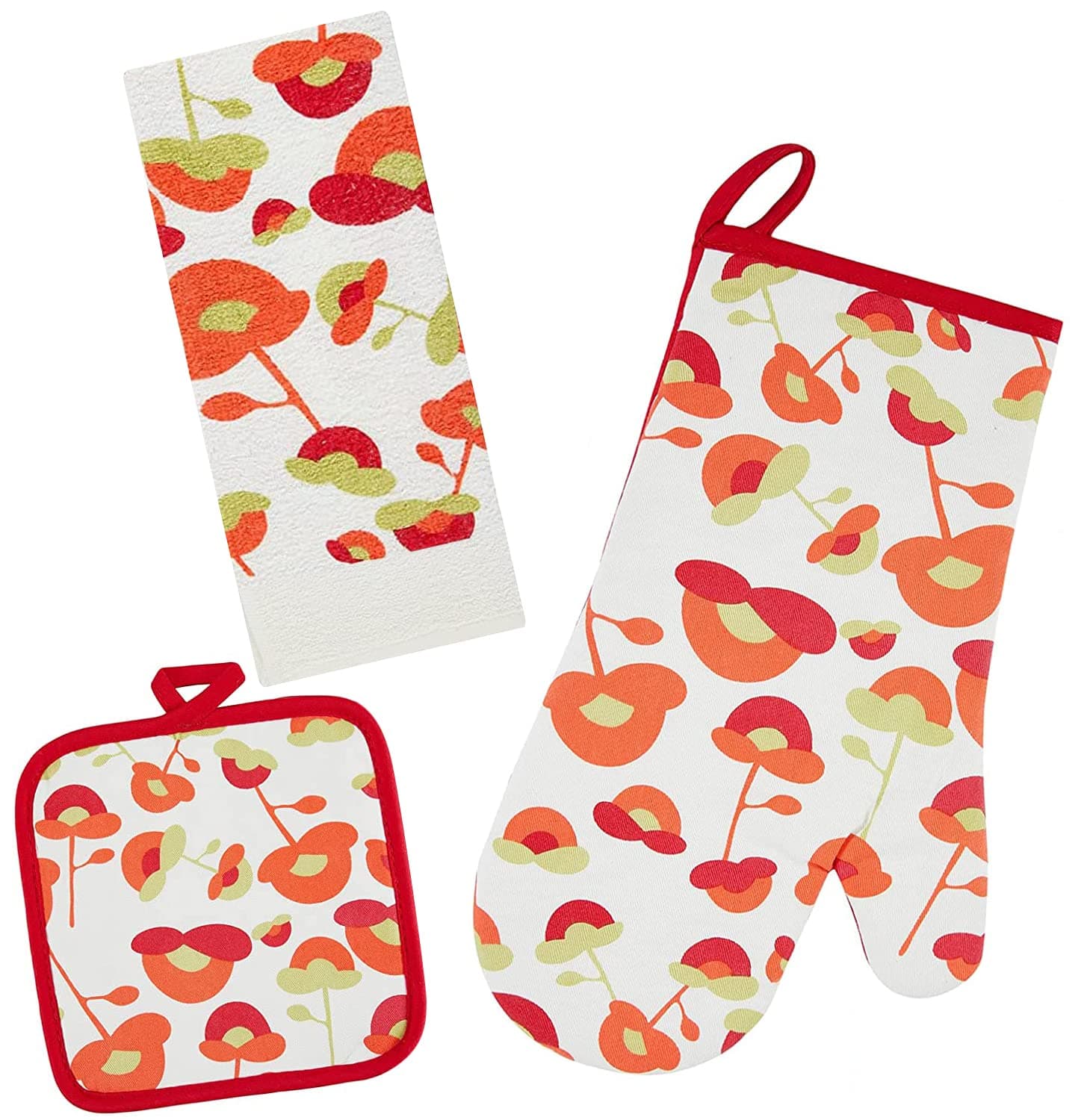 Firstall Kitchen Set -1 Kitchen Towel,1 Oven Mitt,1 Pot Holder(Red Flower)